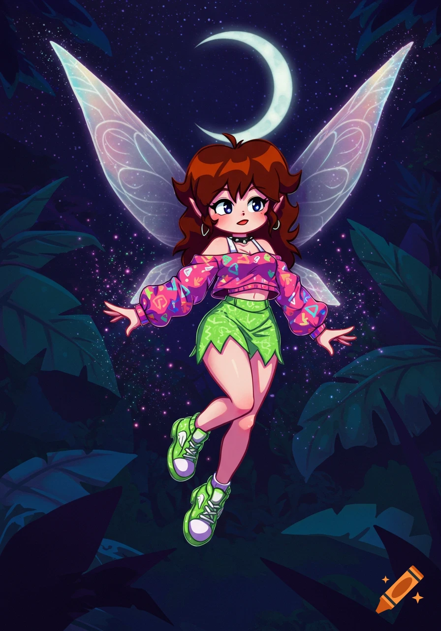A vibrant cartoon anime fairy with brown hair, translucent wings, and a pink and green outfit floats in a dark jungle at night.