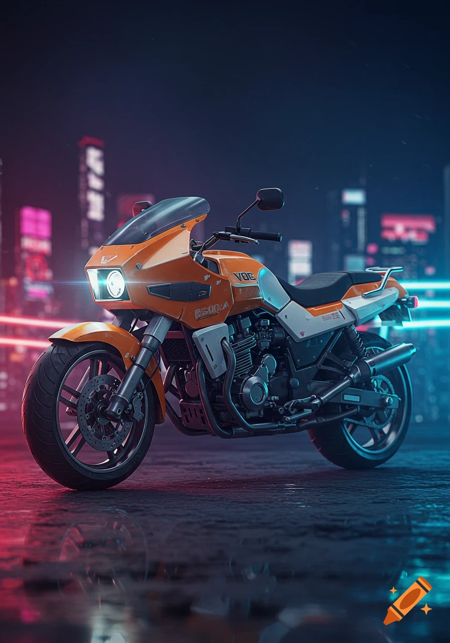 An orange and white motorcycle with glowing headlights sits on a wet street at night, with neon-lit city buildings in the blurred background. The scene has a cyberpunk aesthetic.