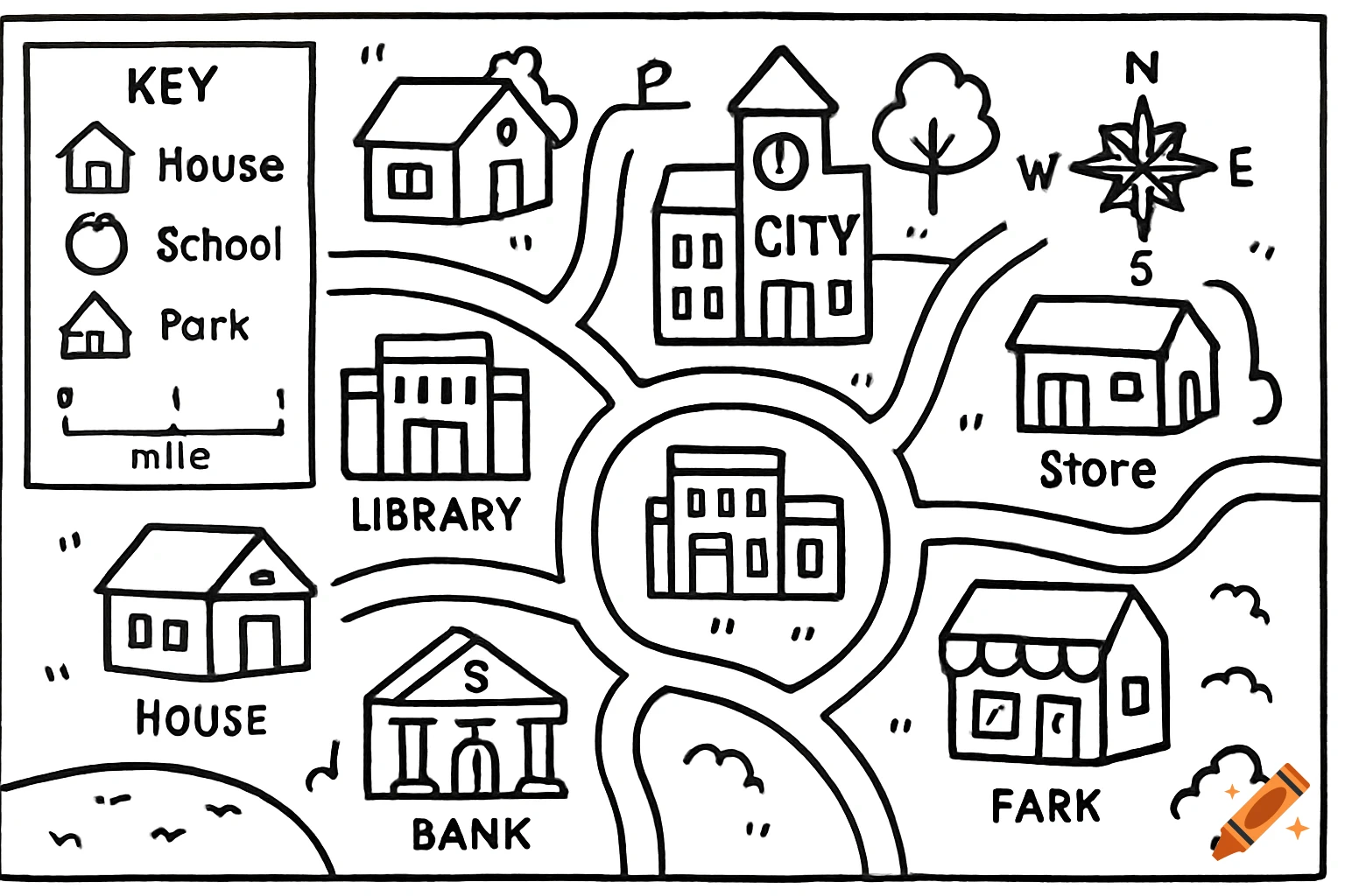 A simple black-and-white cartoony map outline of a city with various buildings like houses, a library, bank, store, and city hall, with a key and compass.