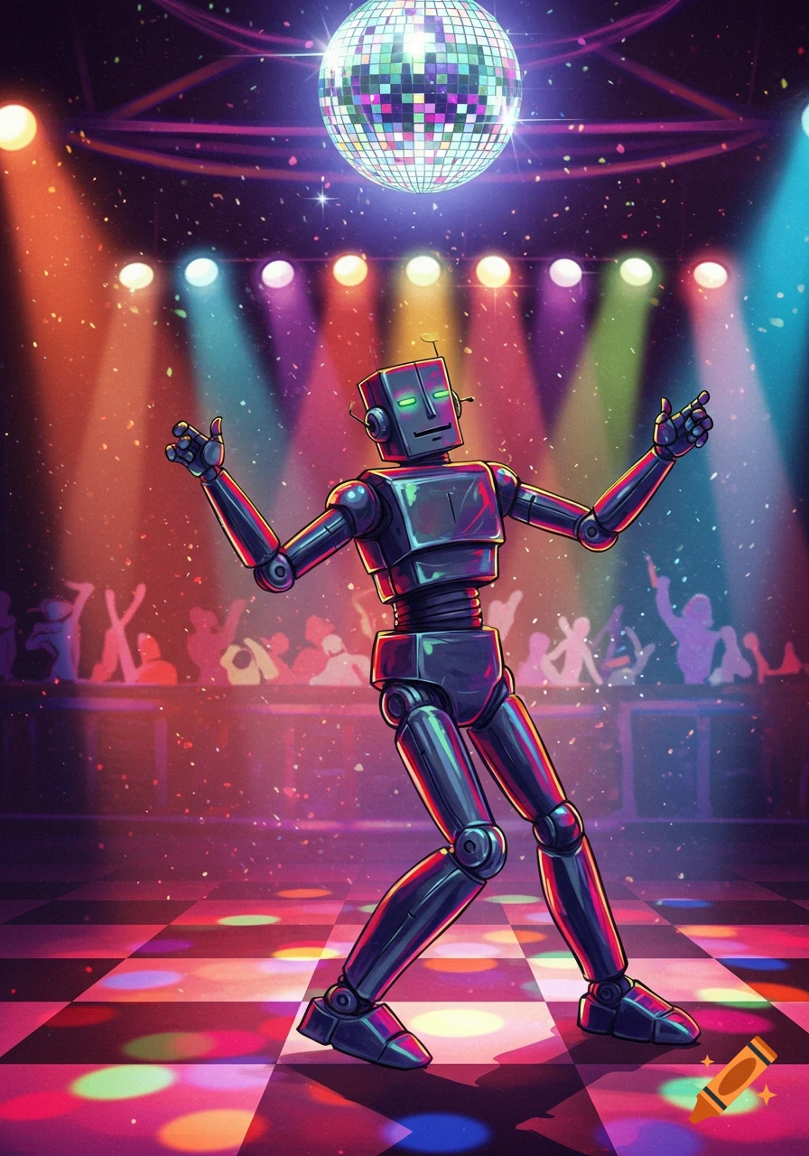 A metallic robot with glowing green eyes dances under a disco ball on a checkered floor, with silhouetted figures.