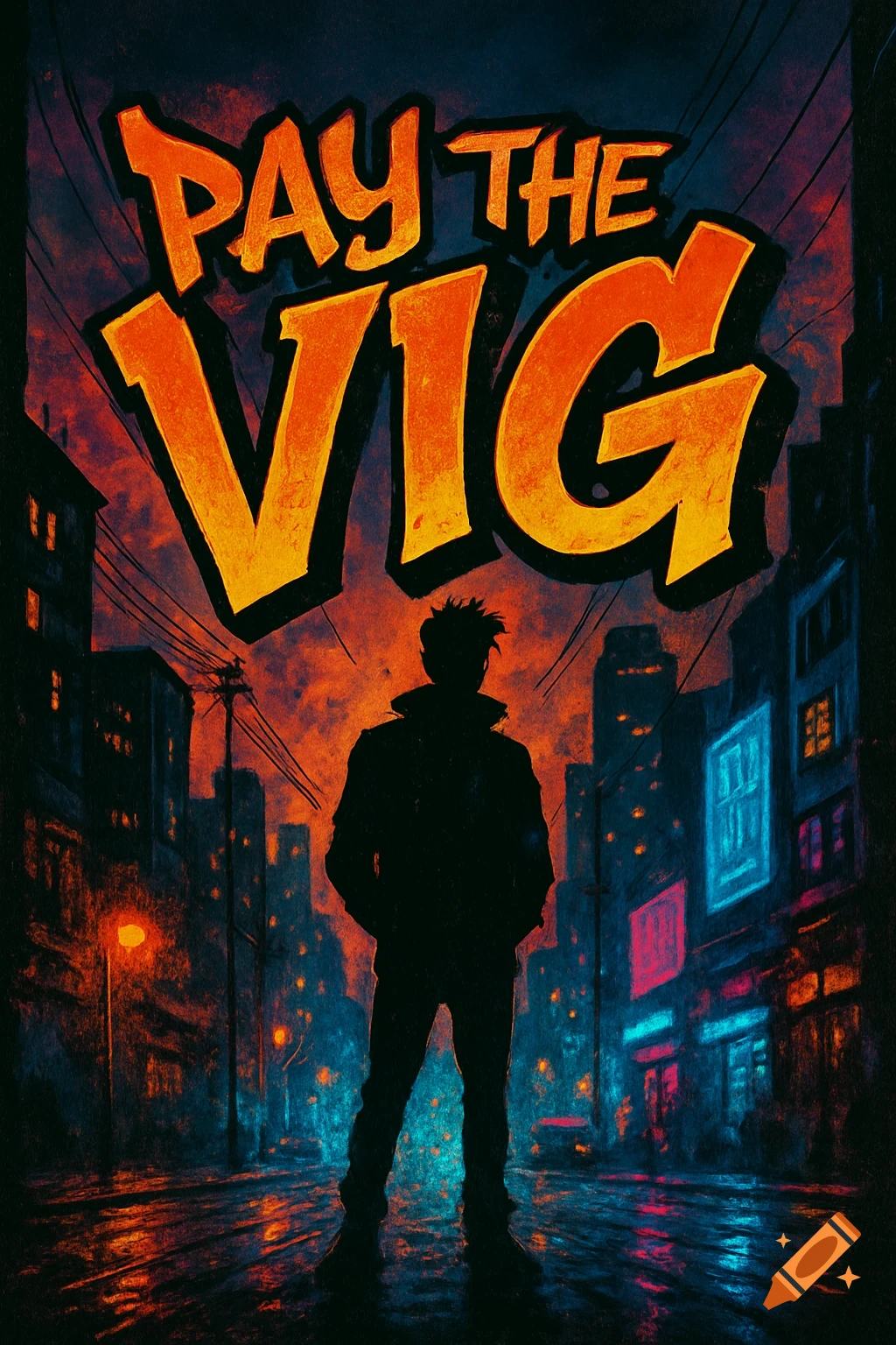 Dark, stylized graphic art of a person's silhouette on a city street with neon lights under a red sky and large text 'PAY THE VIG'.