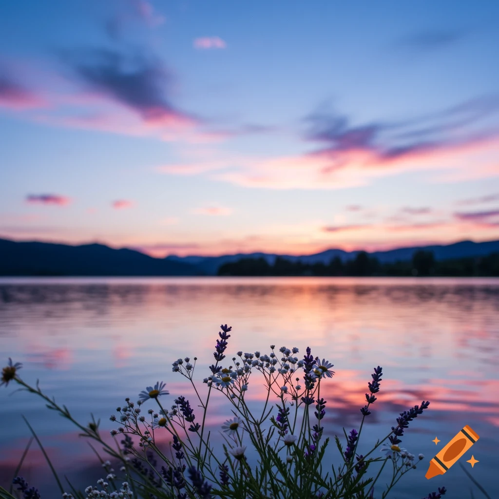 Wildflowers and lavender in the foreground of a lake with mountains under a colorful sunset sky.