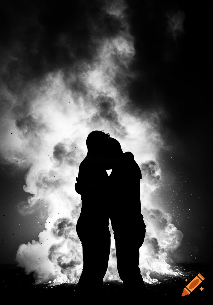 Two silhouetted figures embrace against a dramatic backdrop of fire and smoke in black and white.