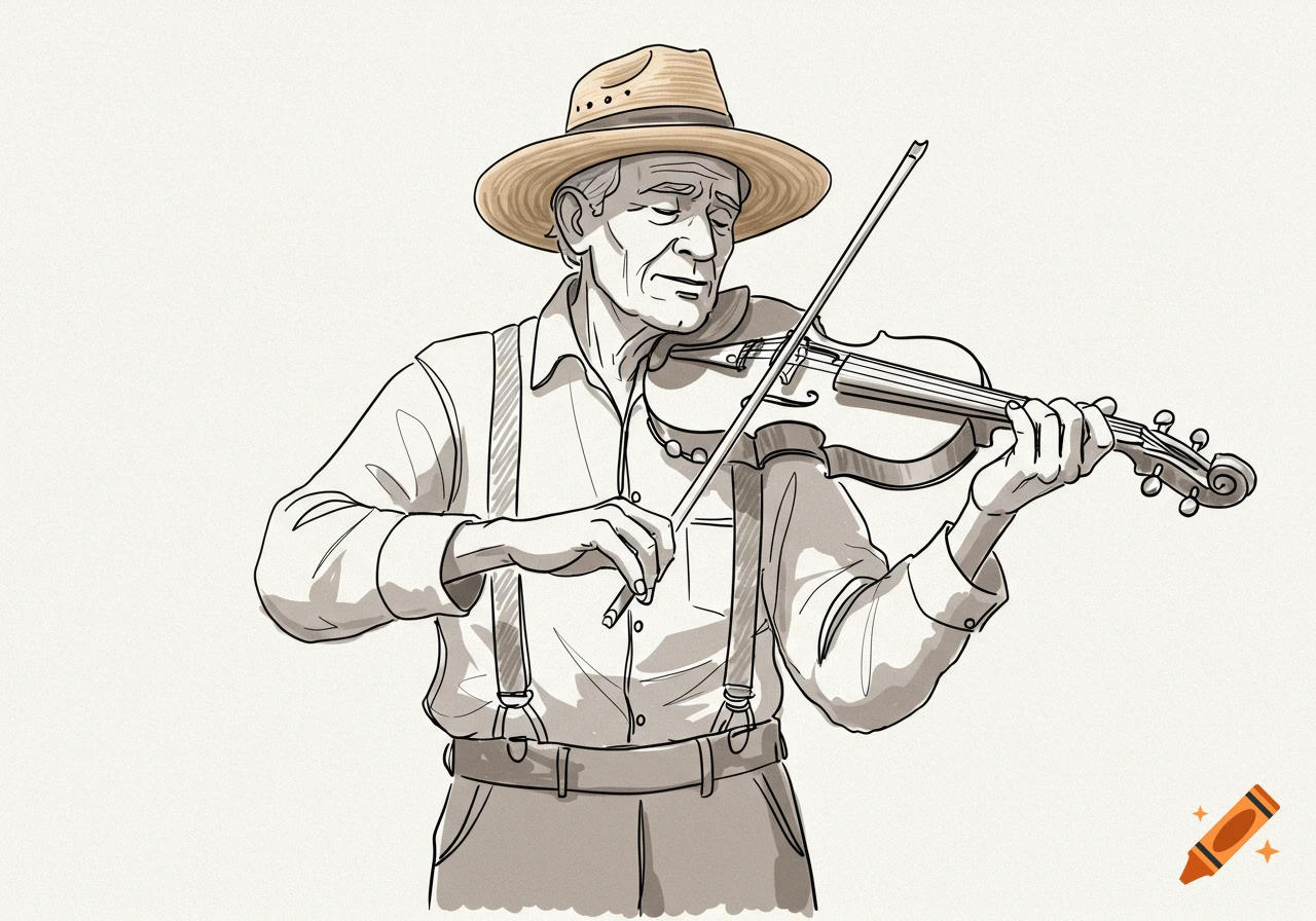 Line art illustration of an old man in a straw hat and suspenders playing a fiddle.