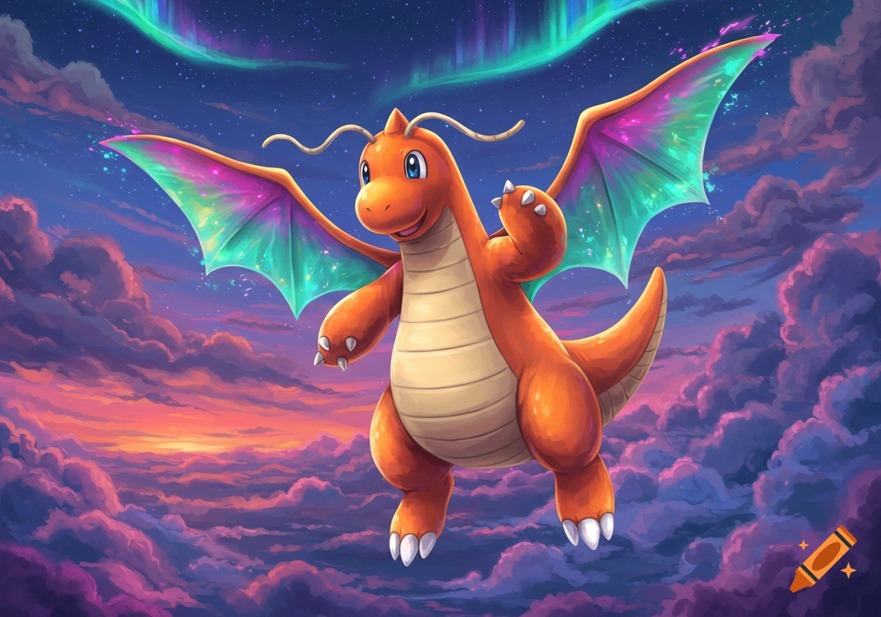A vibrant Dragonite, an orange dragon-like Pok n, flies through a colorful sky with pink and purple clouds and green aurora borealis.