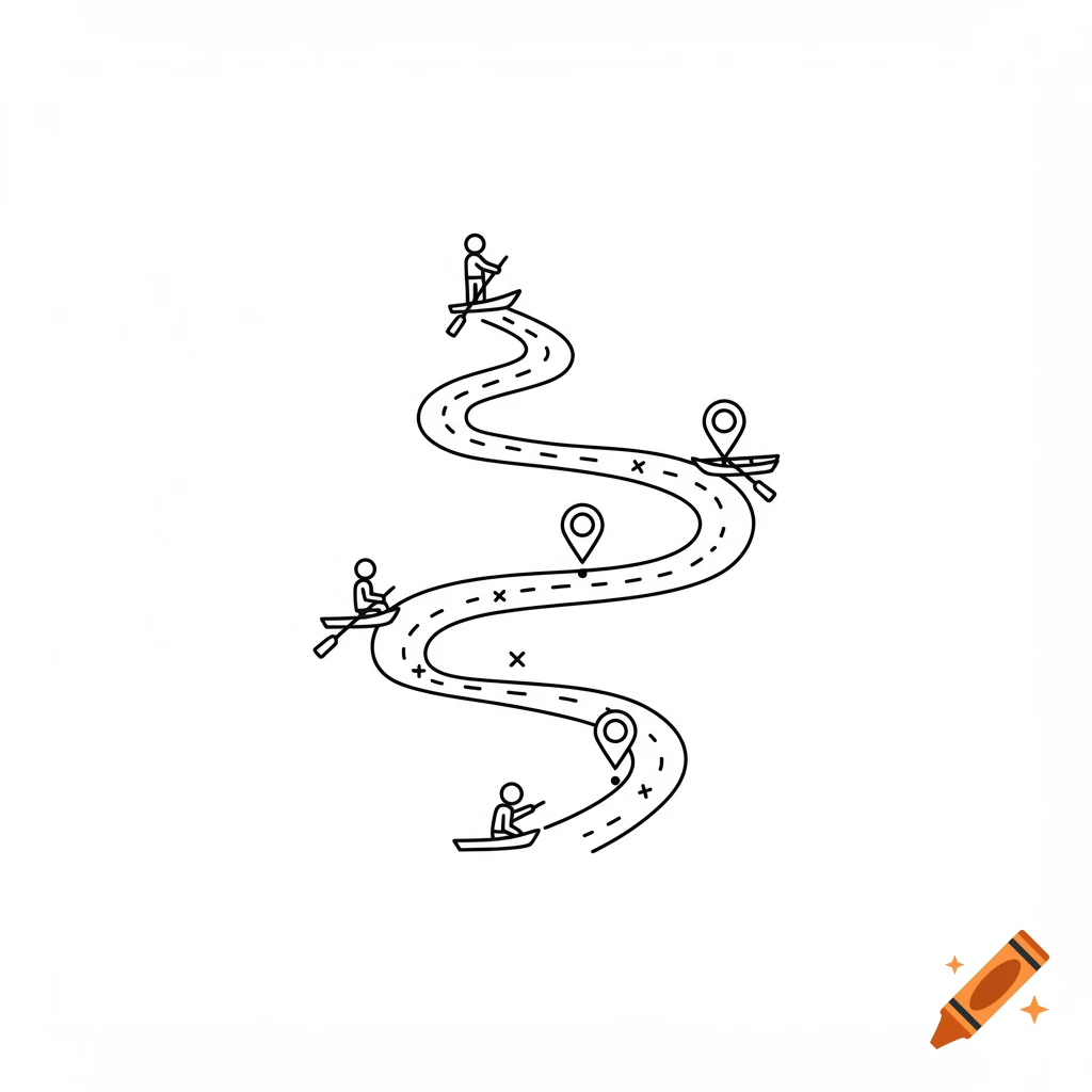 Black and white line art illustration of a winding river path with three stick figures in boats and three map pins.