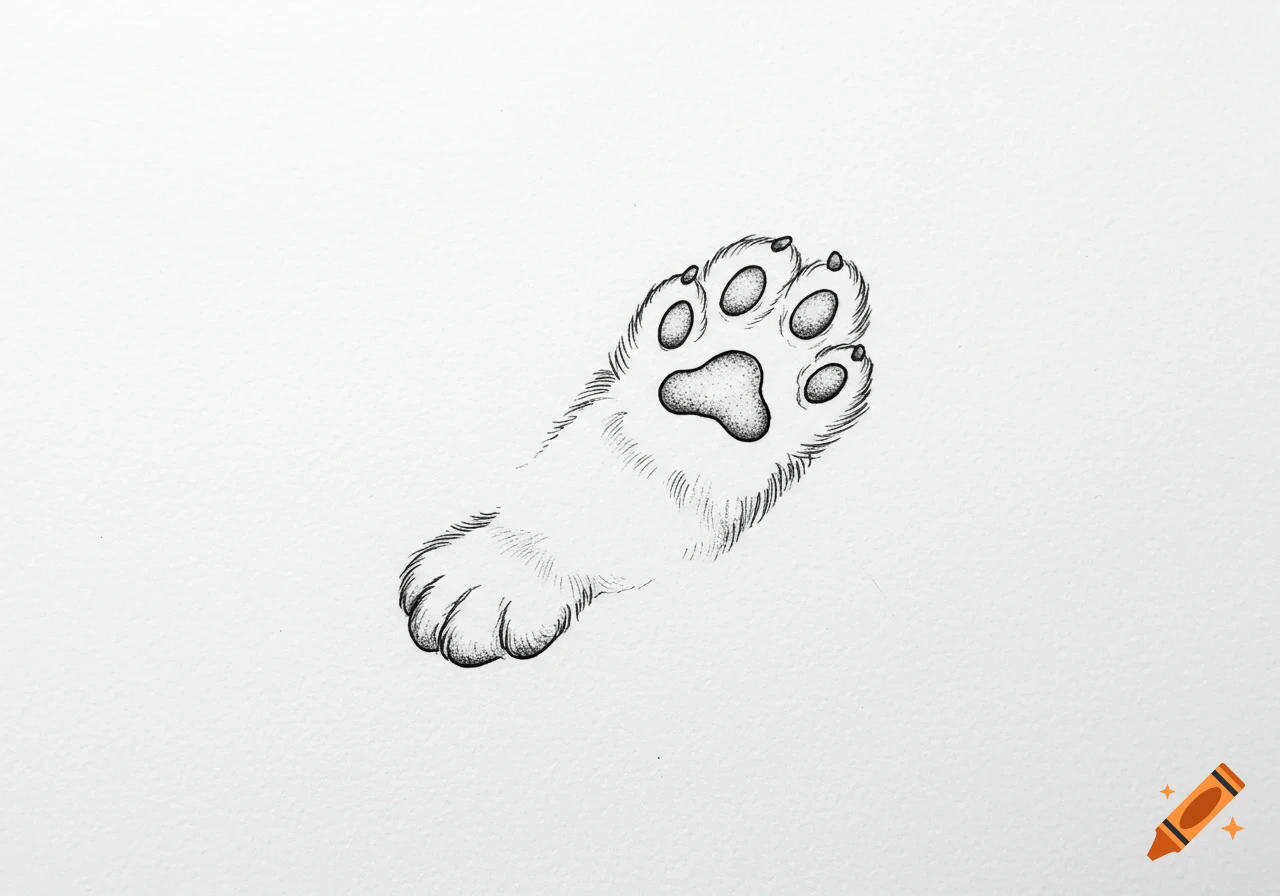 A black and white illustration of a fluffy cat paw, seen from below, showing the textured fur and paw pads.