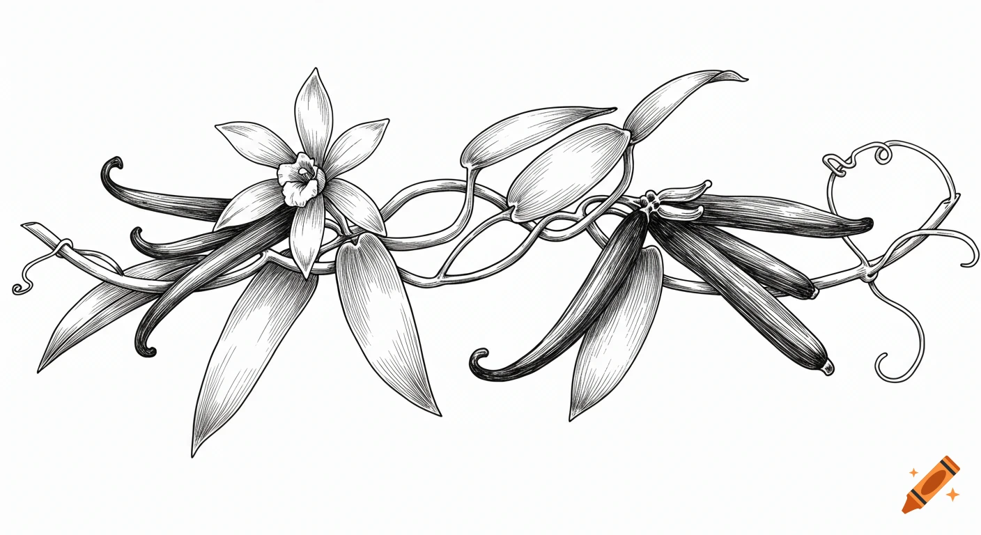 Black and white vintage hand-drawn illustration of a vanilla plant with a flower and several vanilla beans, arranged horizontally.