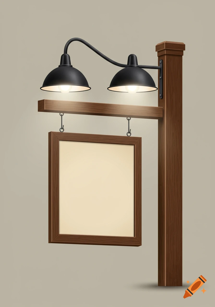 A realistic brown wooden signpost with a blank rectangular sign hanging below two black gooseneck lamps, against a neutral background.