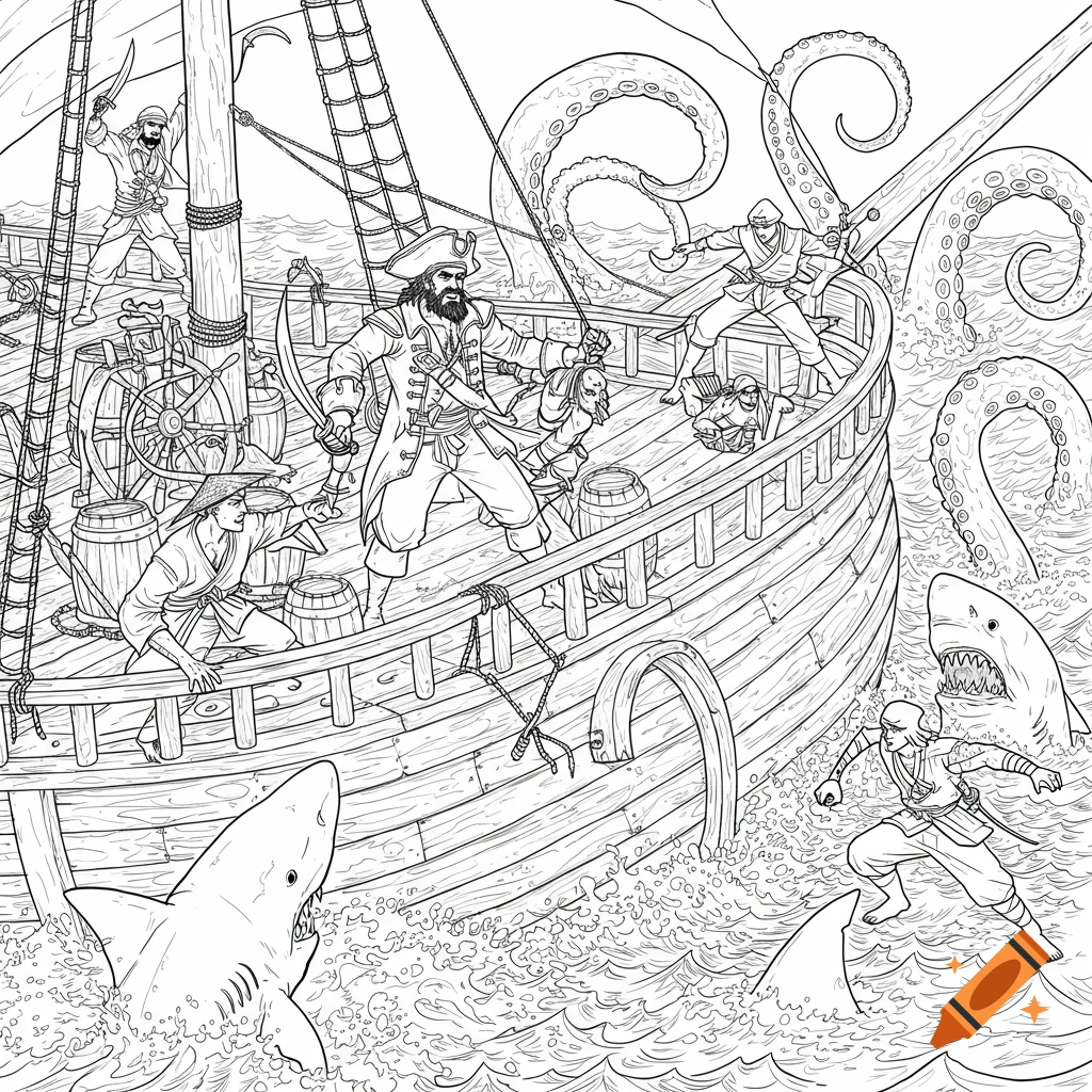 Black and white coloring page of a pirate ship battle. A pirate captain and crew fight a ninja on deck, surrounded by kraken tentacles and sharks in the water.