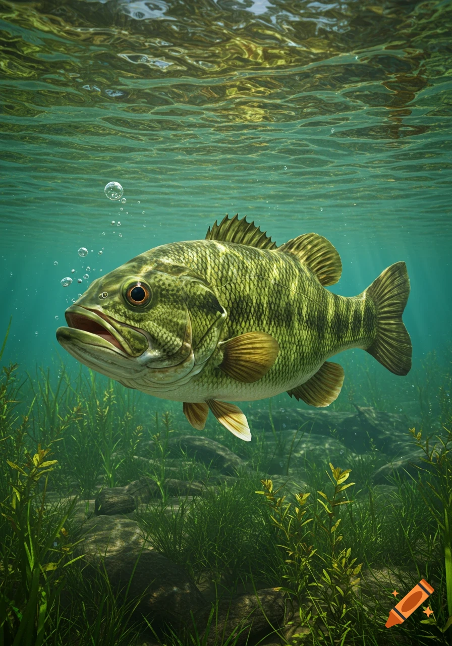 A realistic large mouth bass swimming underwater among green aquatic plants with light rays from the surface.