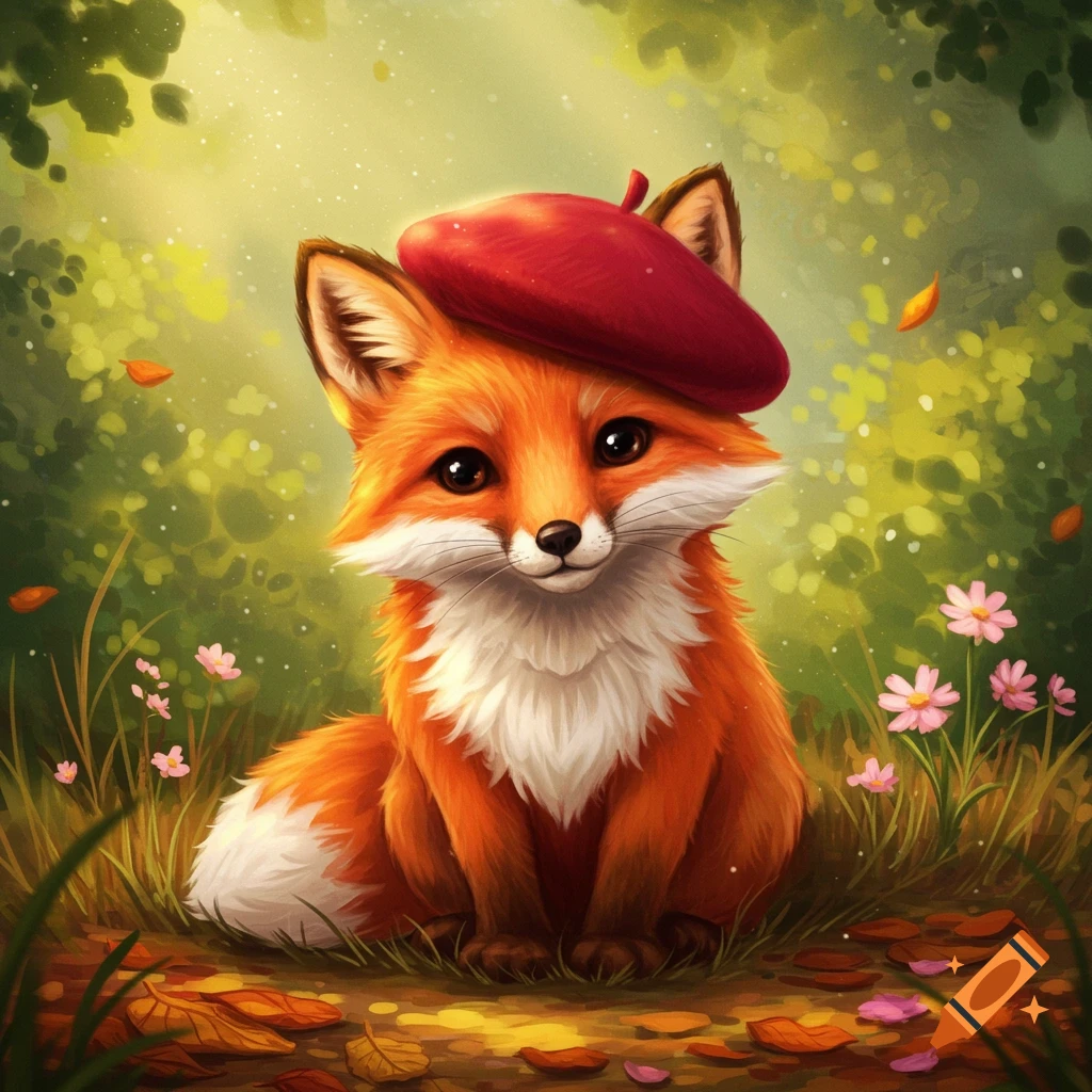A cute orange fox wearing a red beret sits among leaves and pink flowers in a sunlit, leafy forest.