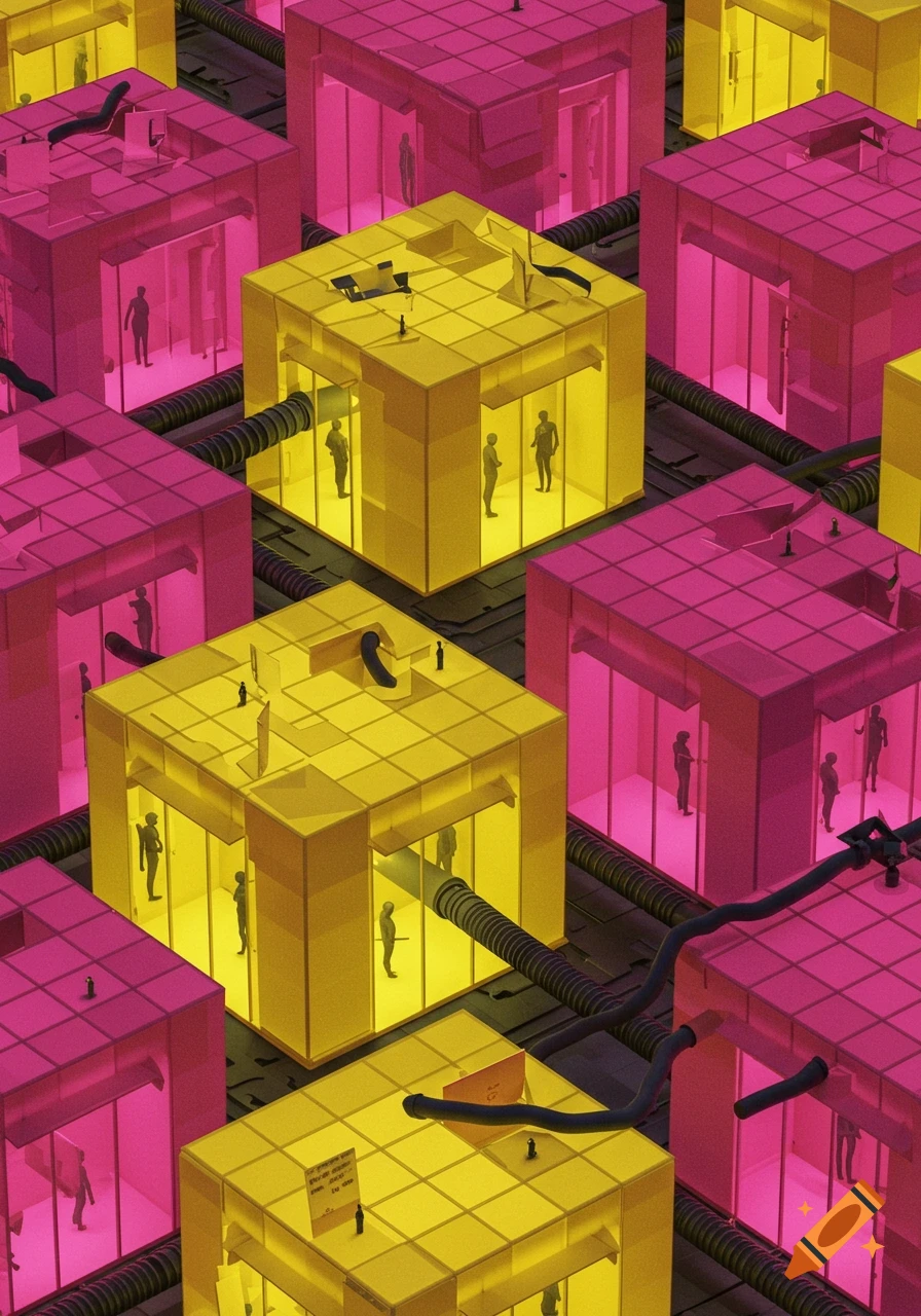 Day-glo geometric pink and yellow cubes with tiny human figures trapped inside, connected by black conduits, in a clinical, conceptual style.