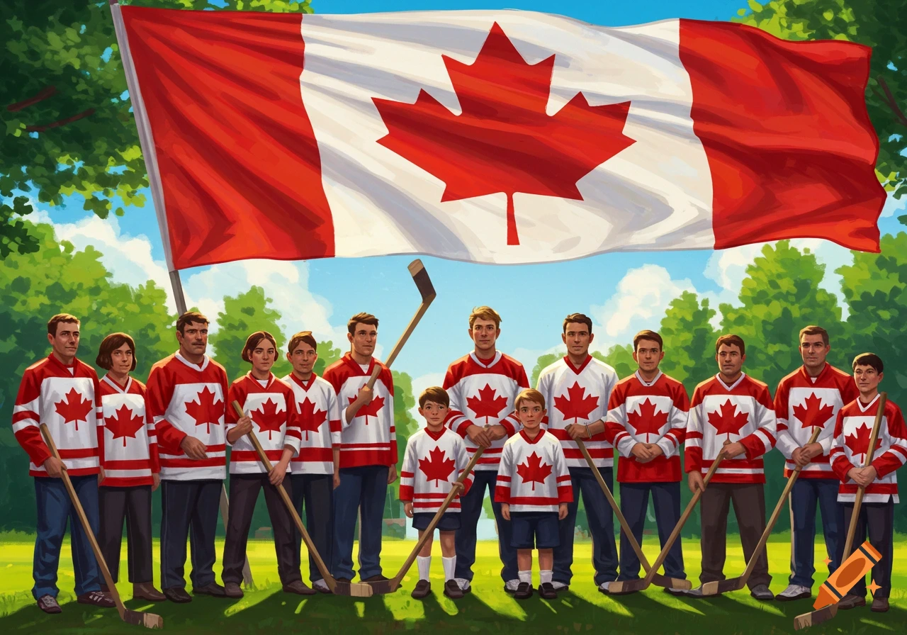 A diverse group of men, women, and children in red and white hockey jerseys with maple leaves stand on grass, holding hockey sticks, in front of a large Canadian flag.