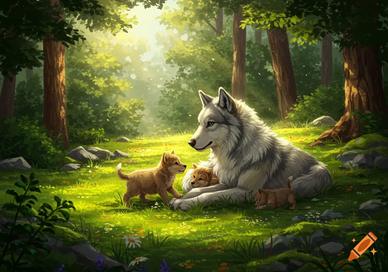 A mother wolf with three pups in a sunlit forest, surrounded by green grass, trees, and wildflowers, in an illustrative style.