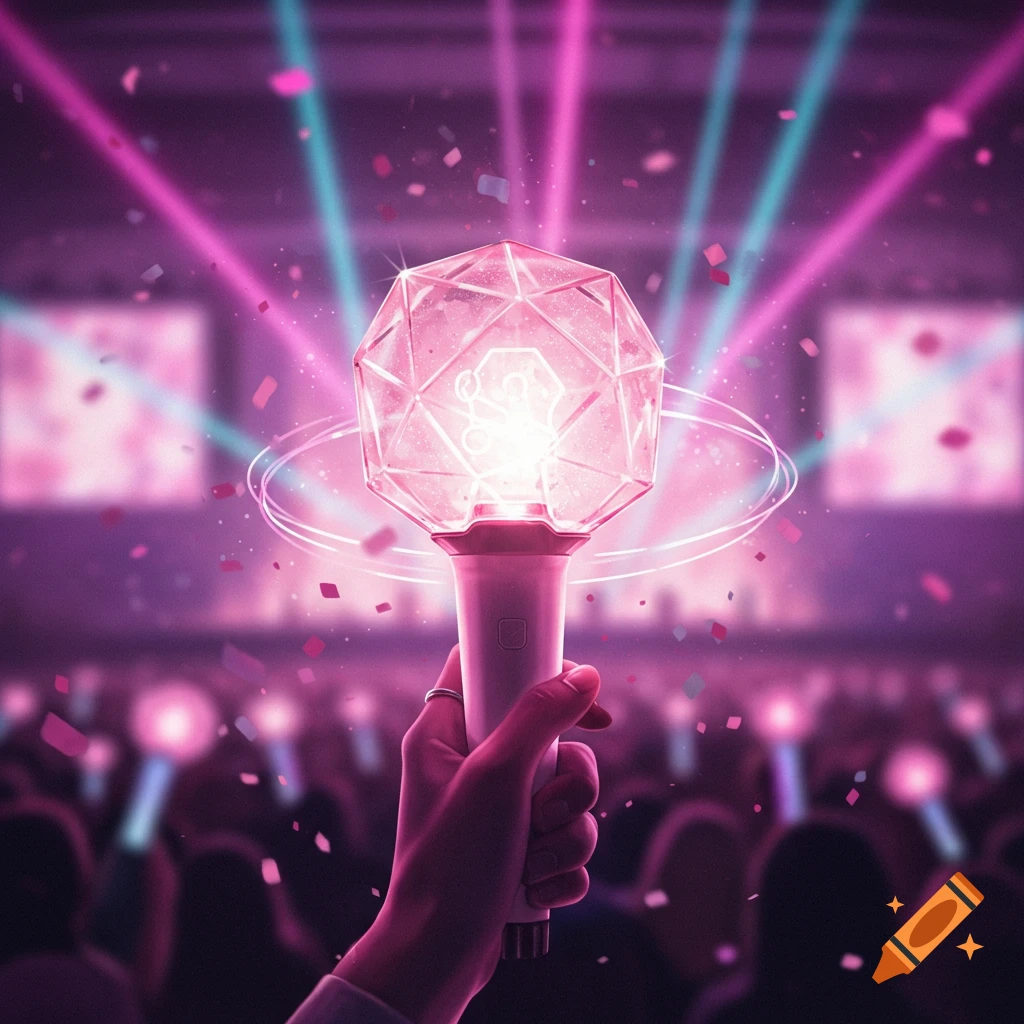 A hand holds up a glowing pink K-pop lightstick at a concert, surrounded by a blurred crowd and bright stage lights.