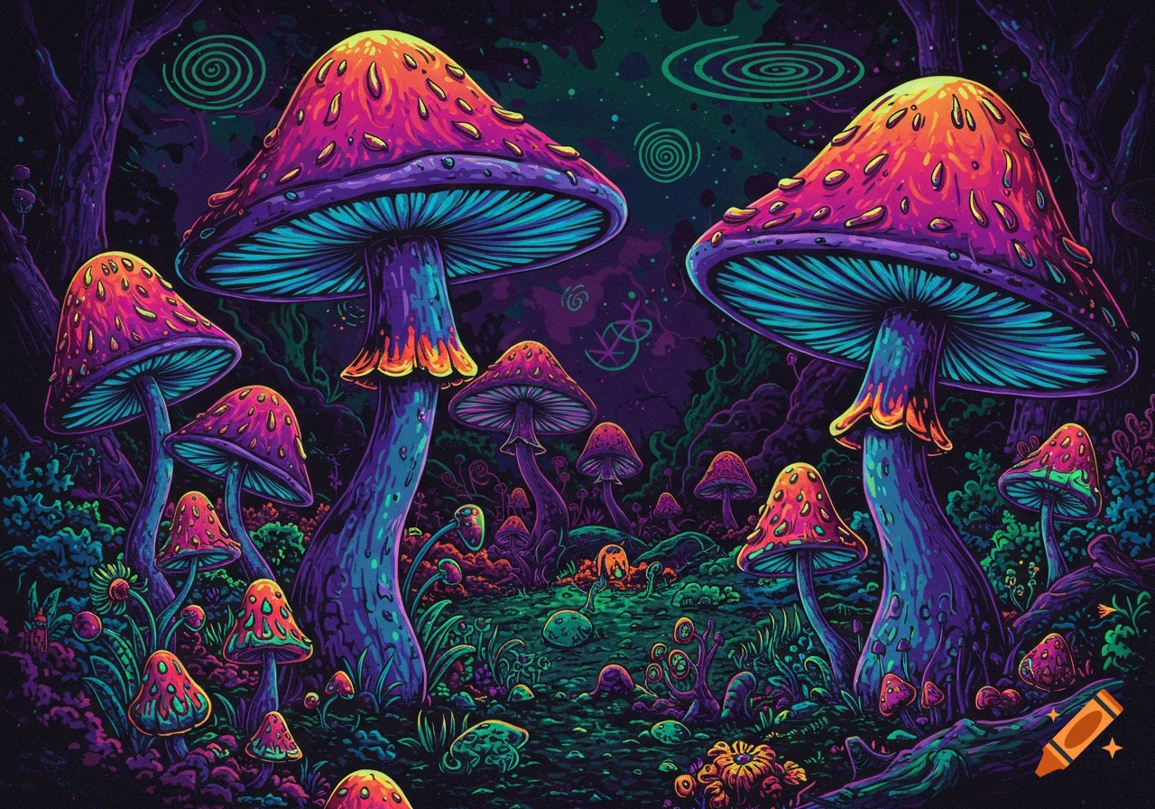 A vibrant, psychedelic forest scene with large, colorful mushrooms glowing under a blacklight poster-inspired sky.