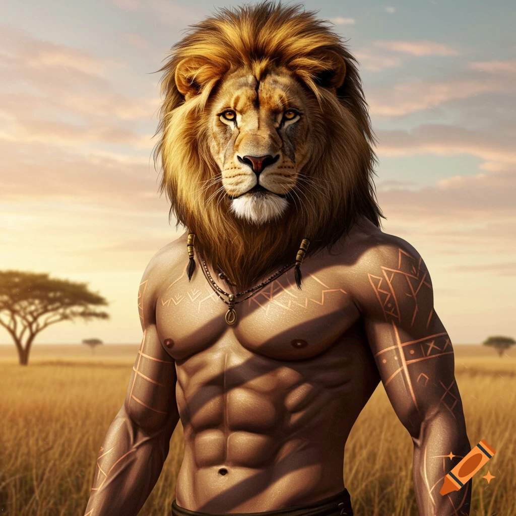 A muscular lion-human hybrid with decorative body tattoos stands in a savanna landscape.