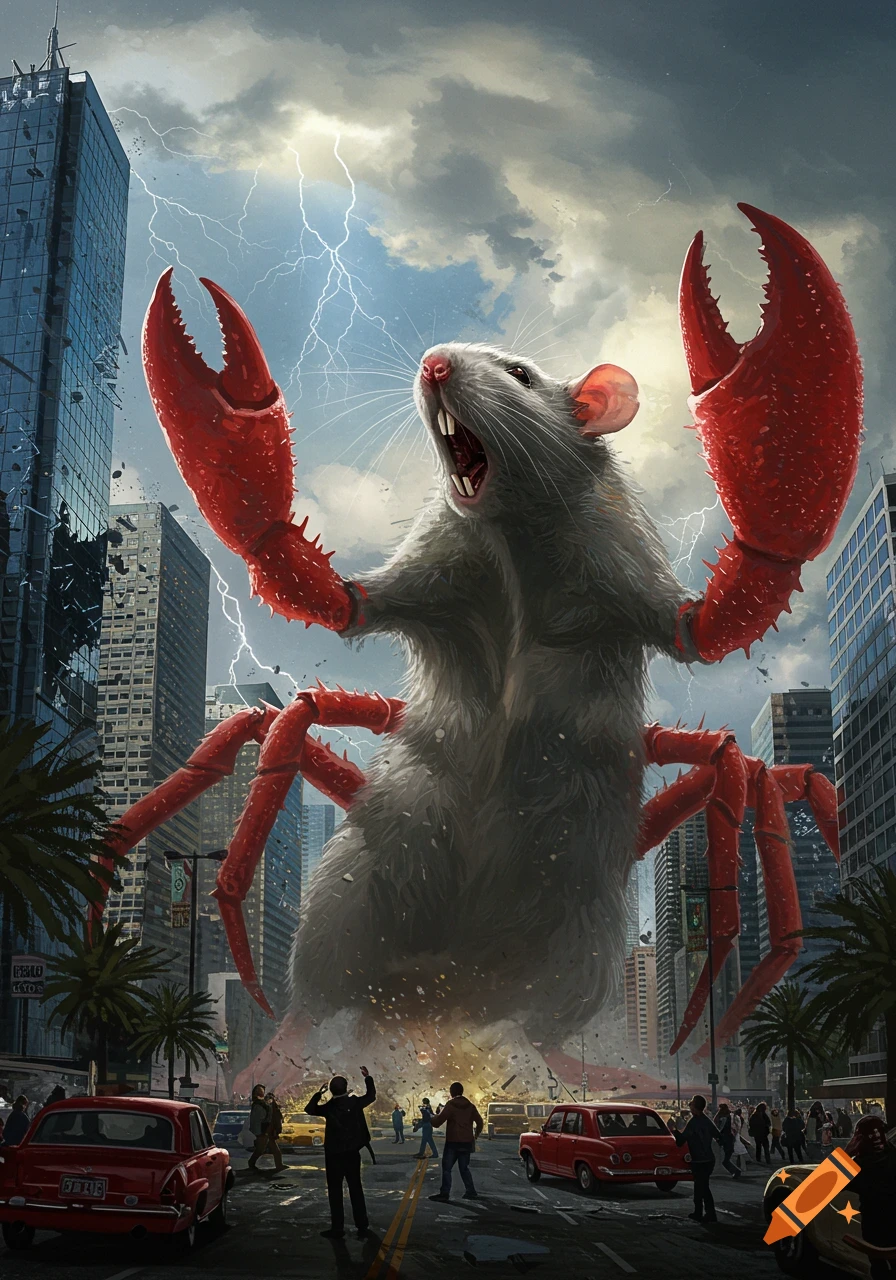 A giant rat with red crab claws instead of hands attacks a city, with lightning striking amidst storm clouds.