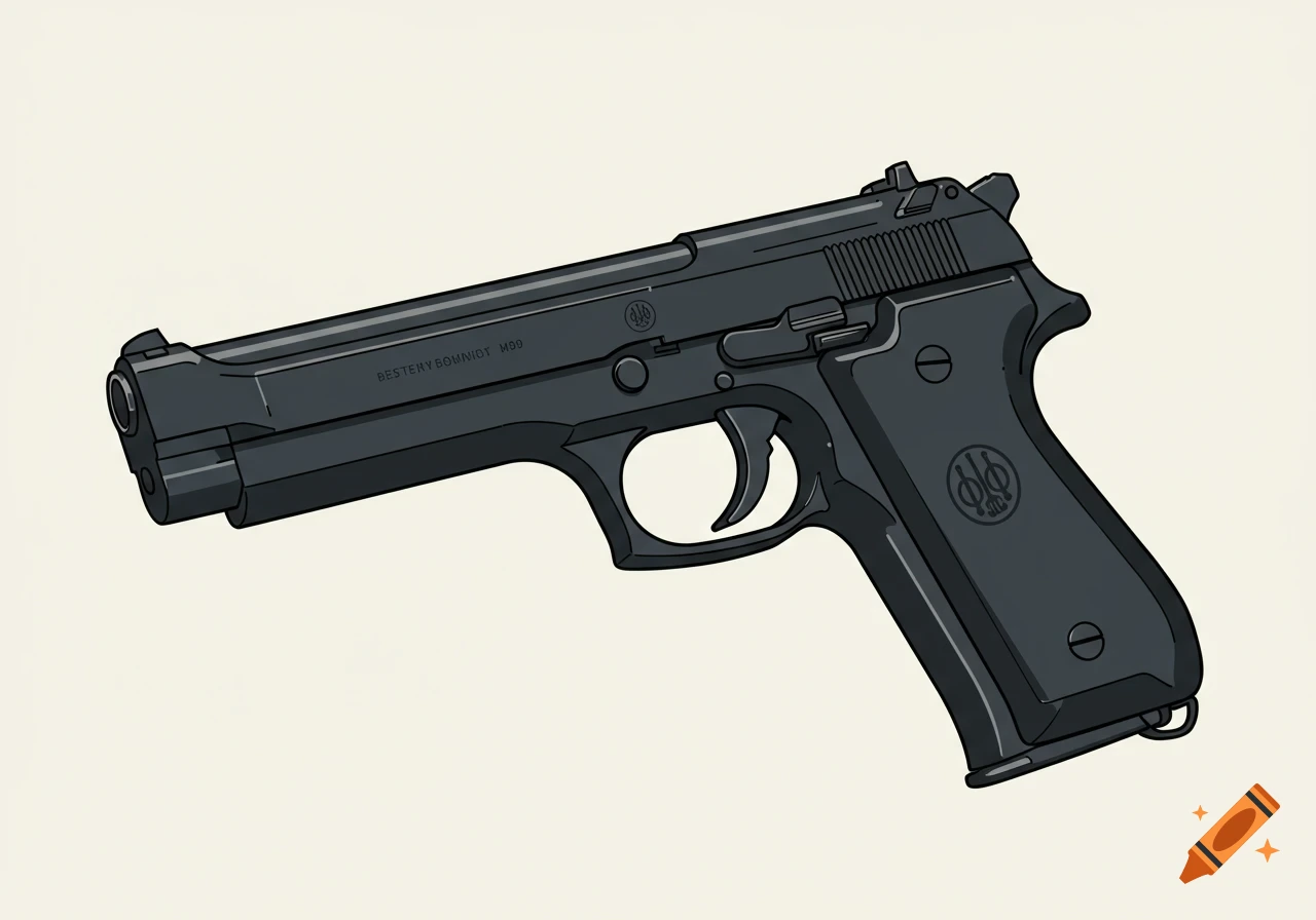 A dark gray pistol, styled like a Beretta M9, in a simplified, illustrative style against a light background.