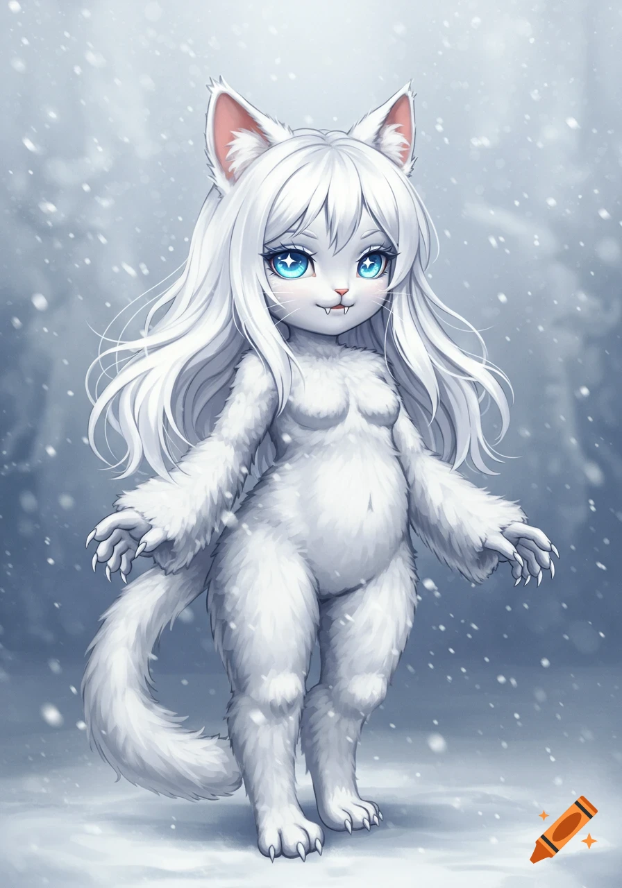 An anime-style white furry cat-girl with large blue eyes and a cute fang stands in falling snow.