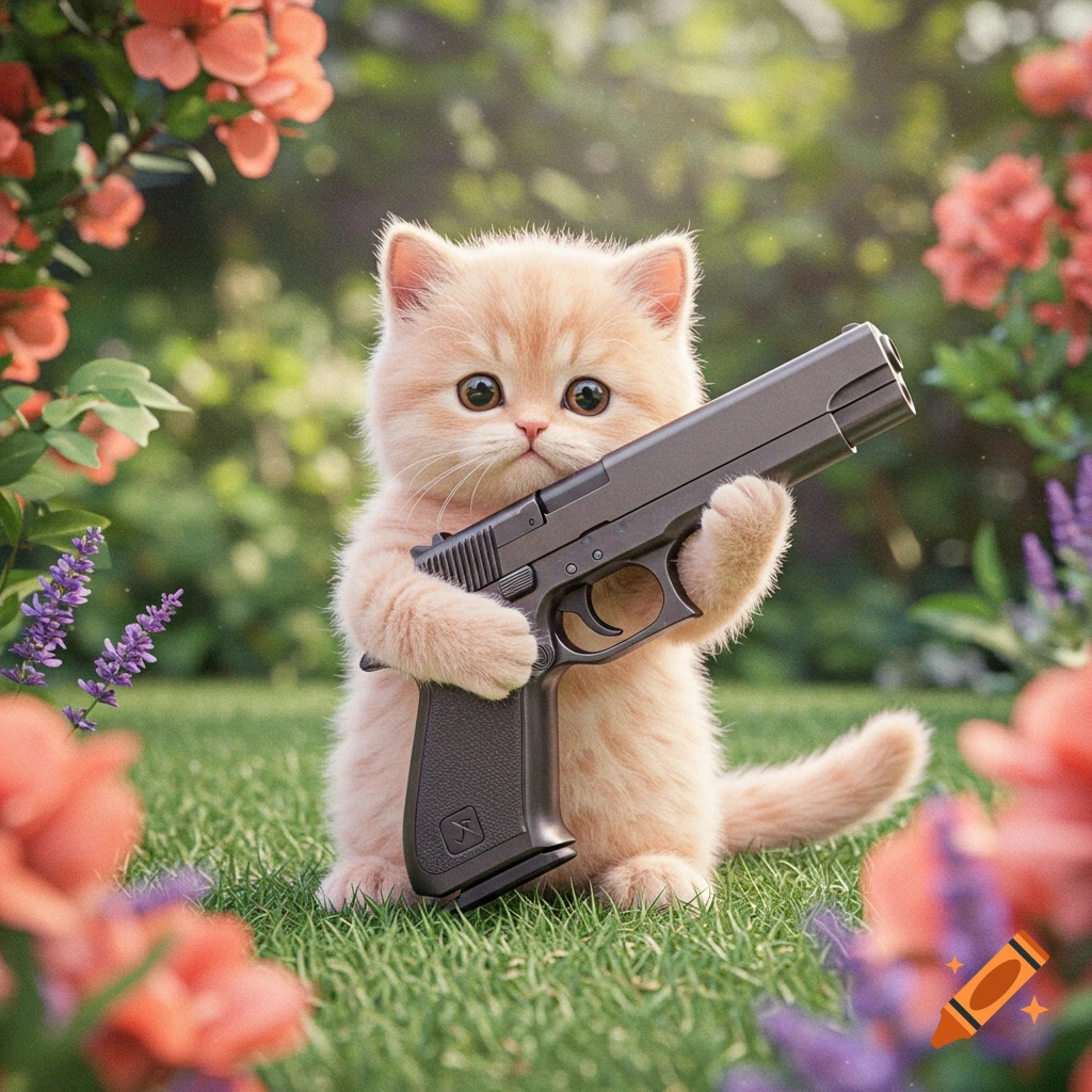 A cute, fluffy peach-colored kitten holding a large black pistol in a green garden with orange and purple flowers.
