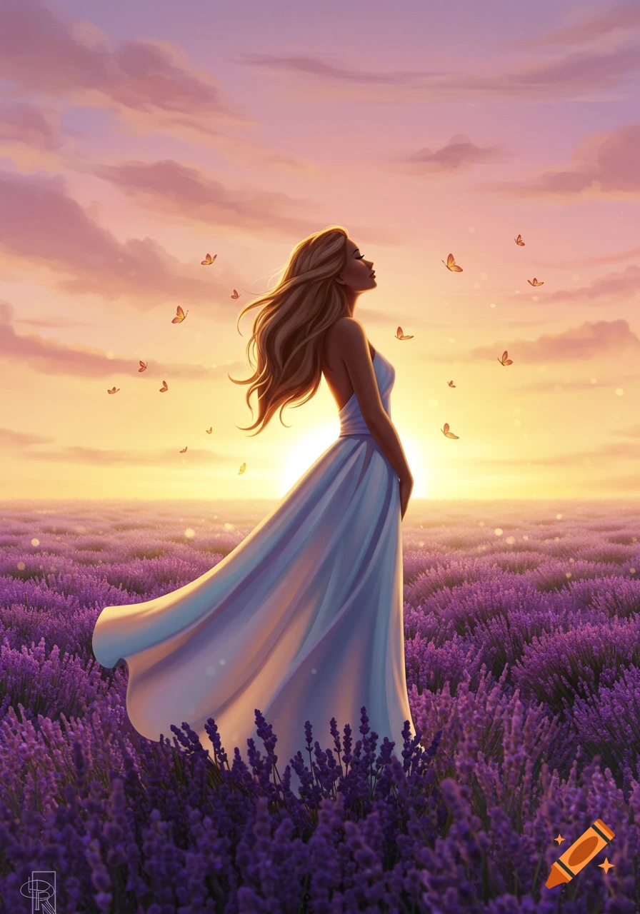 An illustrative portrait of a woman in a white dress standing in a field of purple lavender flowers at sunset with butterflies.