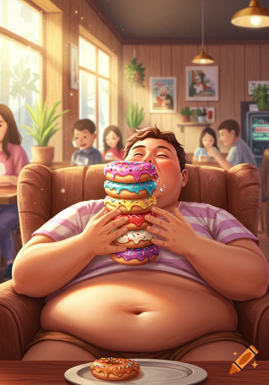 An overweight man happily eating a tall stack of colorful donuts in a cozy, sunlit cafe, rendered in a stylized illustration.