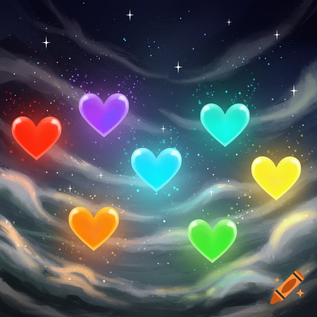 Seven glowing, colorful hearts float in a dark, starry cosmic sky with wispy clouds.