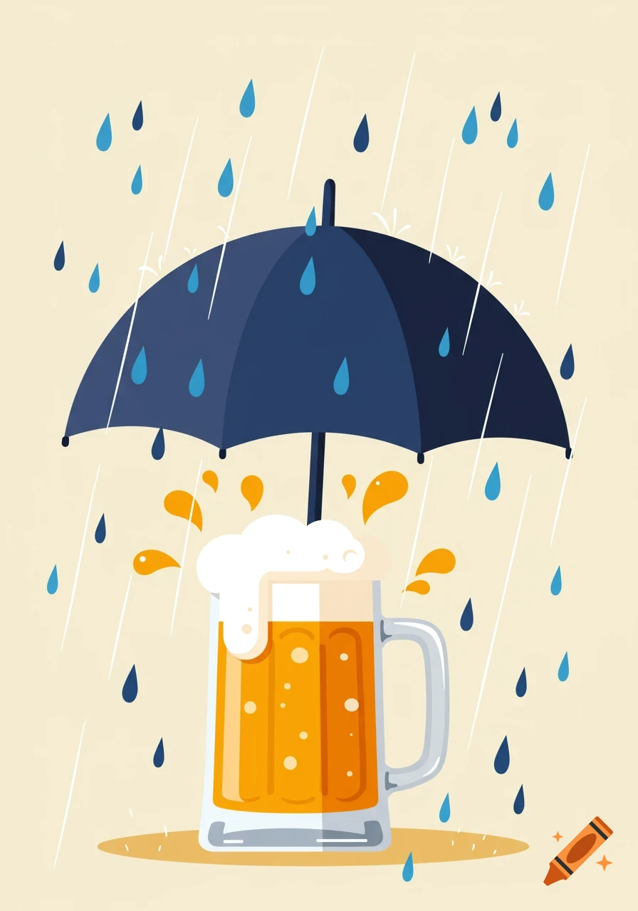 An illustration of a beer mug under a dark blue umbrella, with blue raindrops and yellow splashes.