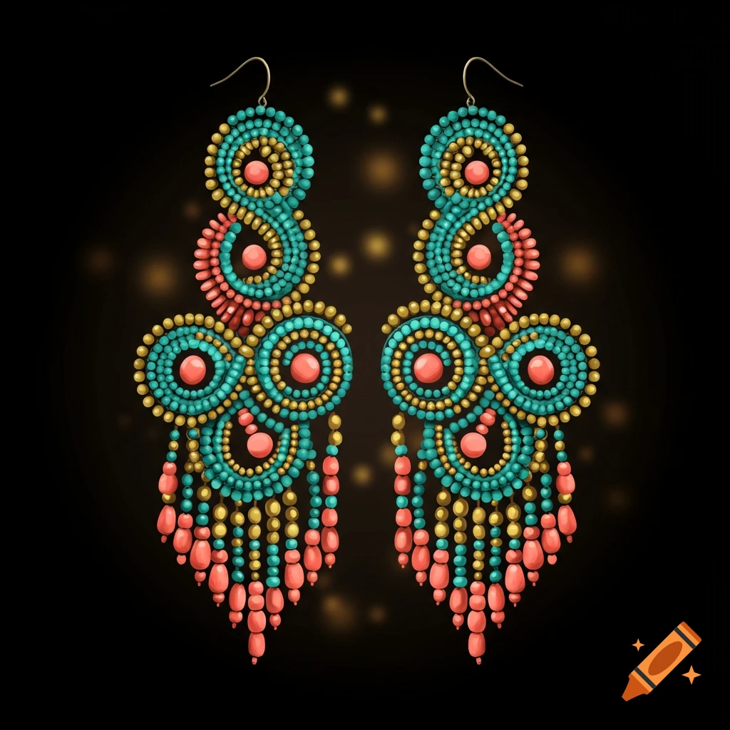 A pair of ornate beaded earrings in teal, gold, and coral, featuring intricate patterns, against a dark background with bokeh.