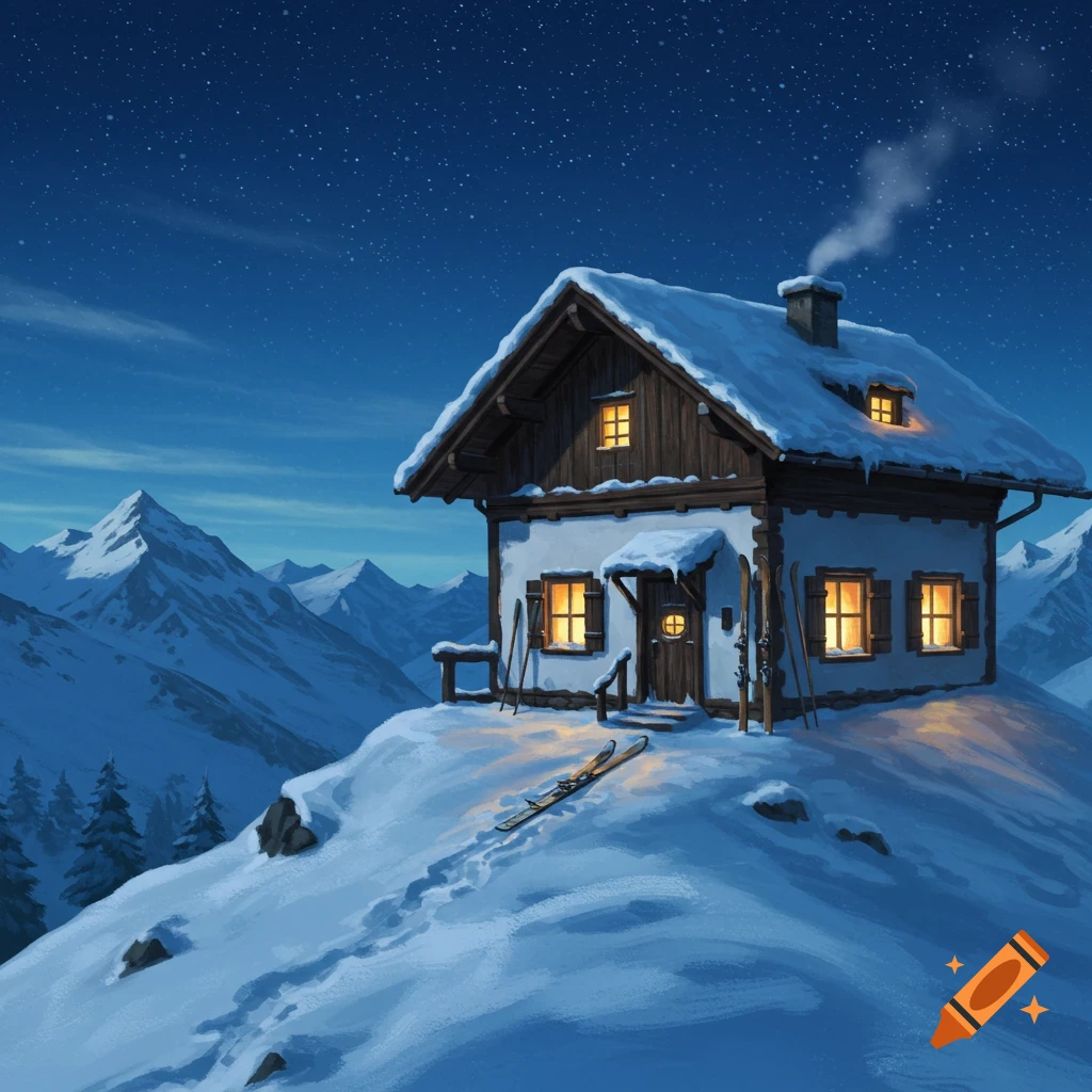 A snow-covered, half-timbered house on a mountain peak at night, with skis outside and illuminated windows, under a starry sky.