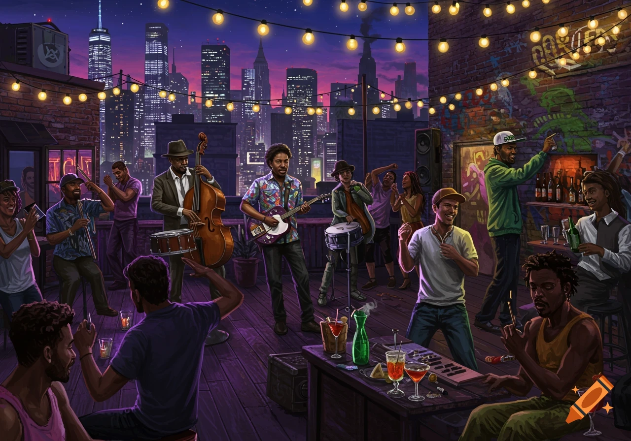 A vibrant rooftop party with live music and a city skyline at dusk, string lights illuminate the diverse crowd.