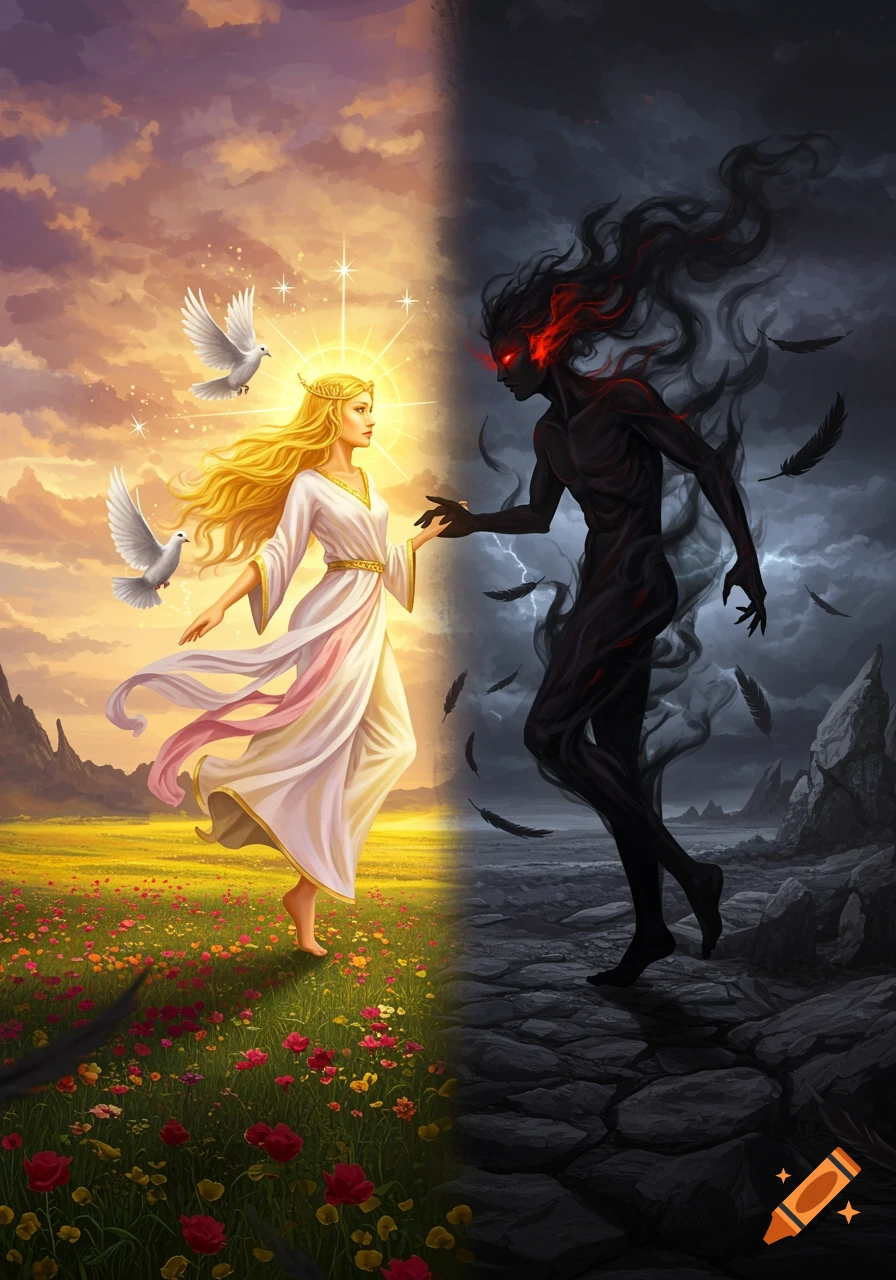 A fantasy illustration of an angelic woman on a vibrant field contrasting with a shadowy demon on a desolate landscape, separated by a bright line.