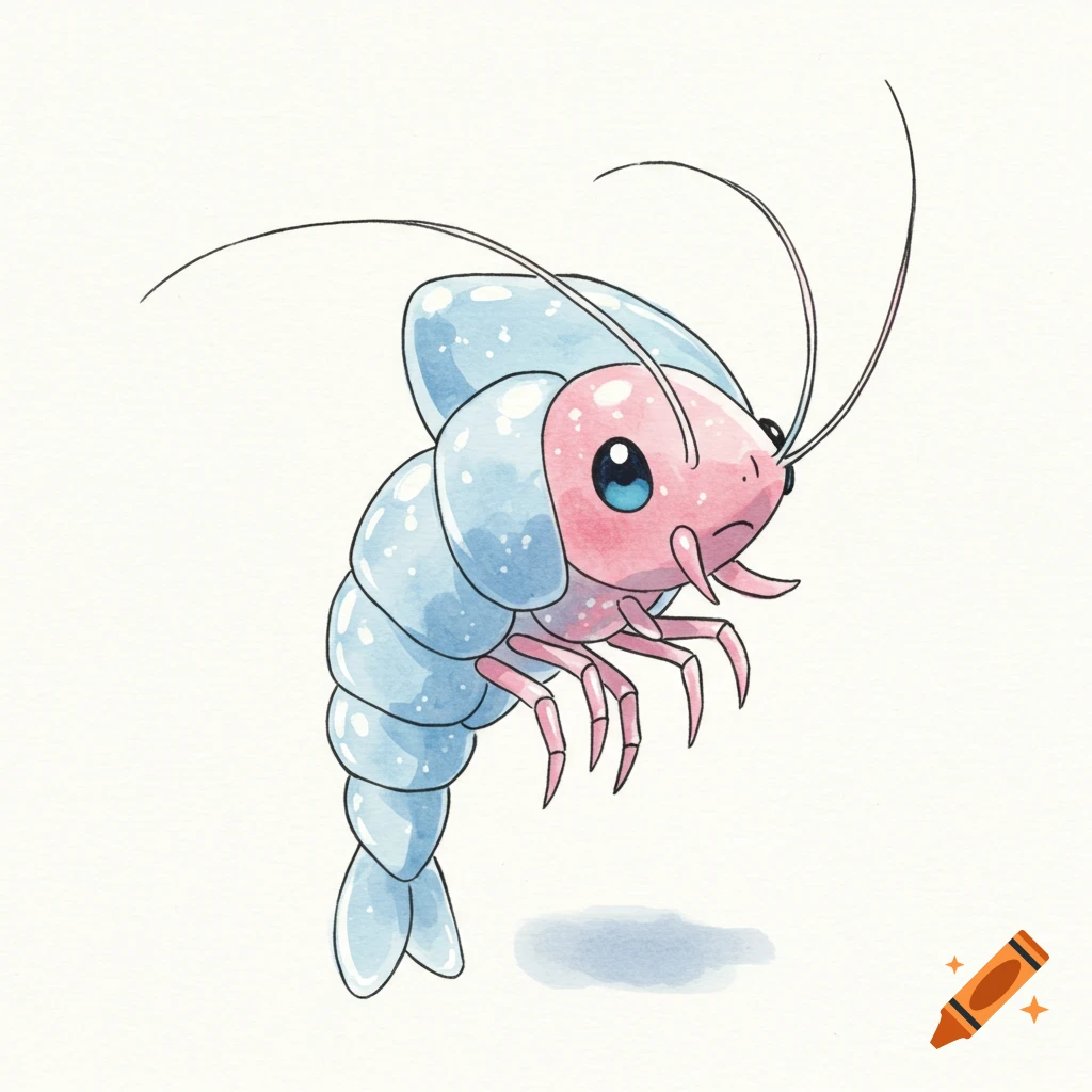 A cute, pink and light blue shrimp-like creature with large blue eyes, drawn in watercolor style on a white background.