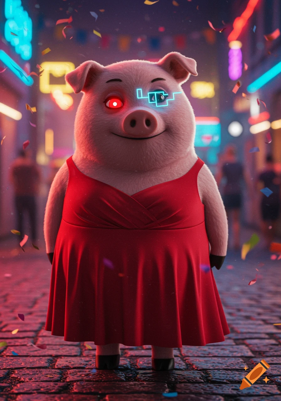 An anthropomorphic pig in a red dress with glowing red and blue cybernetic eyes stands on a neon city street with confetti.