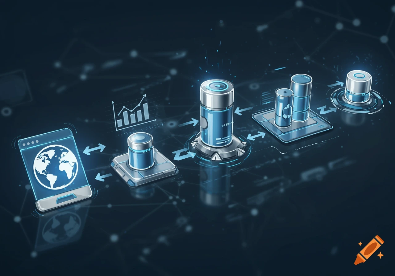 An abstract digital illustration showing a data processing pipeline with a smartphone, cylindrical servers, and a bar graph, all connected by arrows on a dark blue background with glowing network lines.