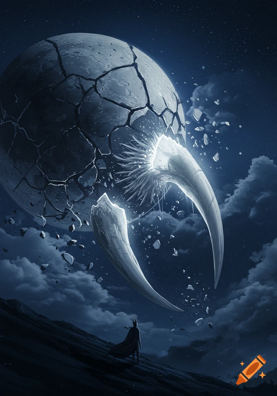 A figure observes a gigantic, fractured moon in the night sky, pierced by two sharp, glowing fangs, with debris floating amidst dark clouds.