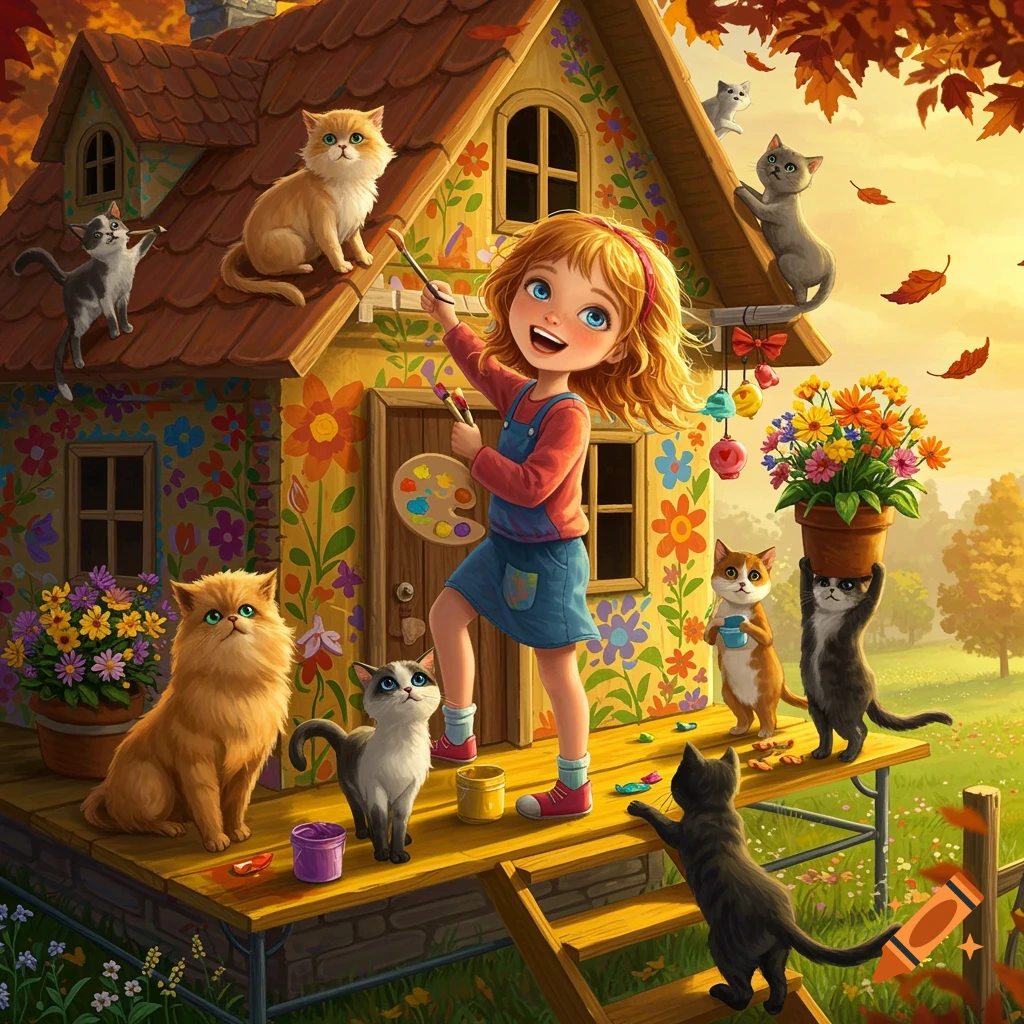 A happy cartoon girl paints a colorful, whimsical house surrounded by numerous cats in an autumn landscape.