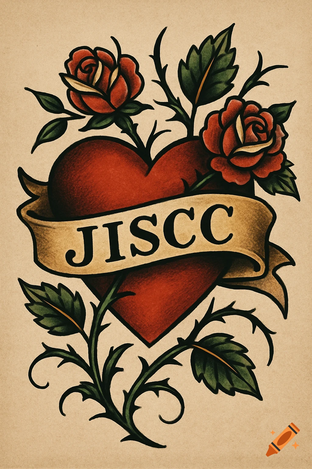 A traditional Sailor Jerry style tattoo featuring a red heart wrapped with a banner that reads 'JISCC', flanked by two red roses and green thorny vines on a beige background.