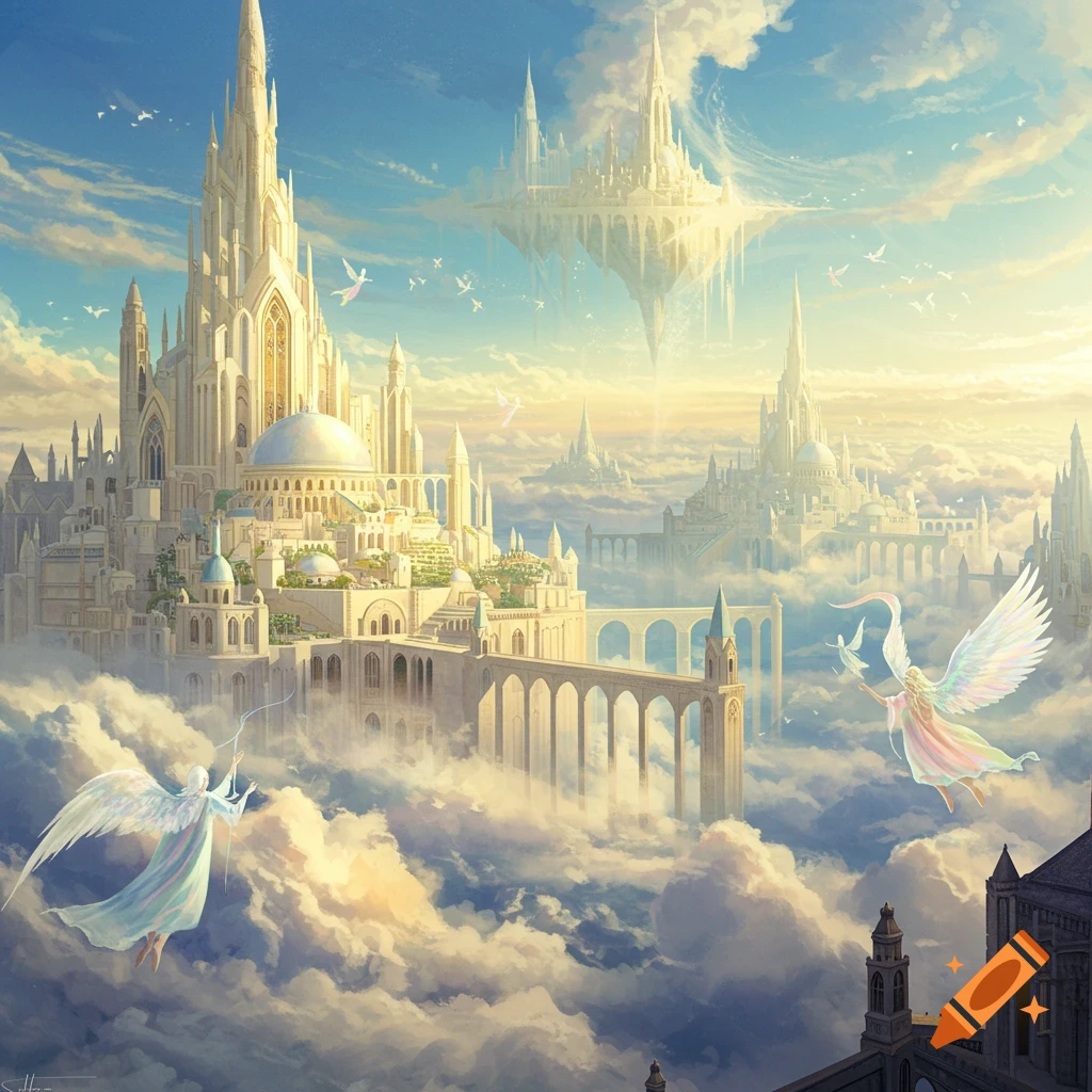 A majestic, white city with towering spires and bridges floats among sunlit clouds, with angels flying in the sky.