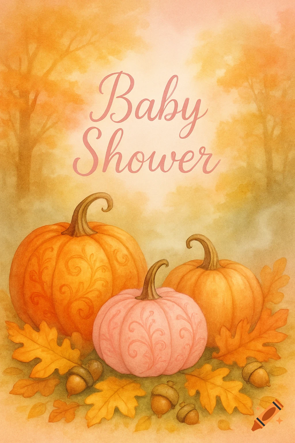 A watercolor baby shower invitation with orange and pink pumpkins, fall leaves, and acorns against a warm autumn background, featuring "Baby Shower" text.