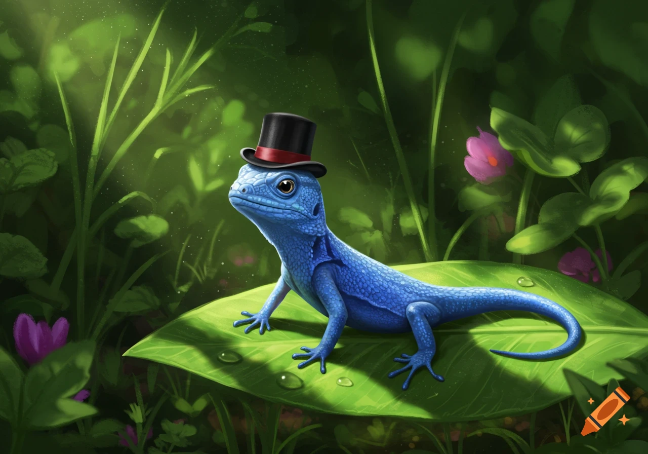 A blue lizard wearing a black top hat sits on a green leaf with water droplets, surrounded by lush green foliage and pink flowers in a sunlit forest.