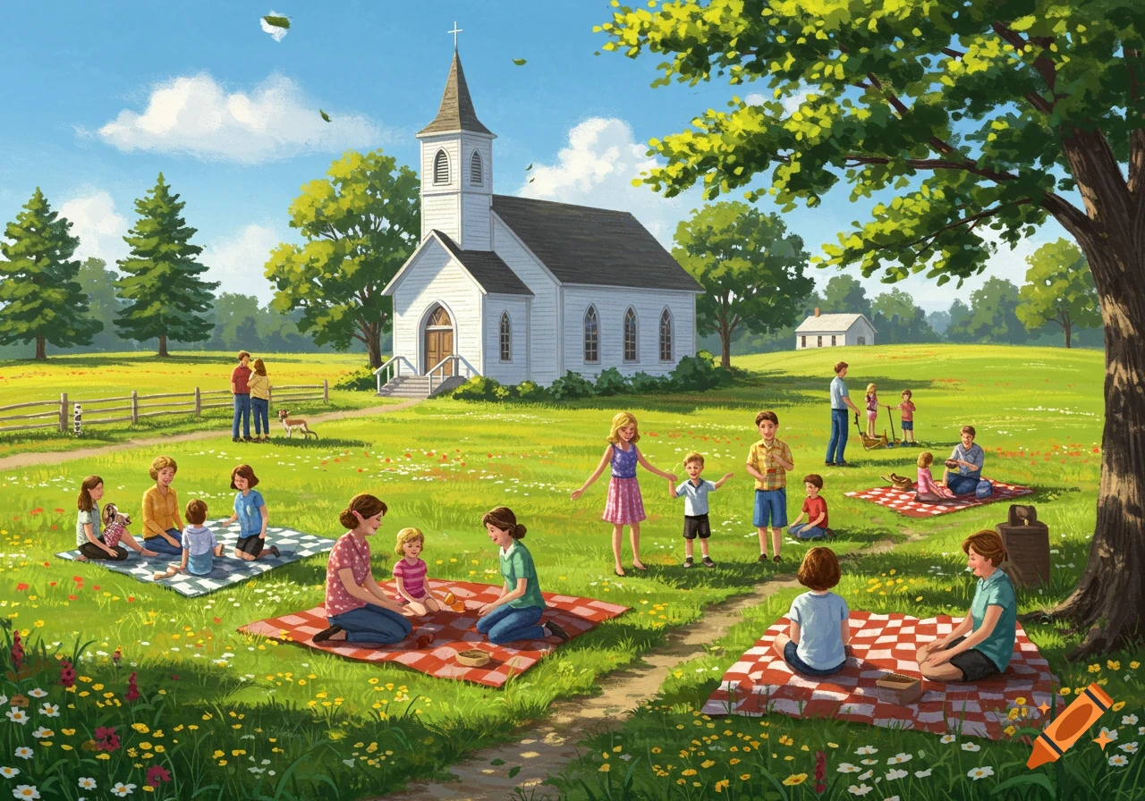 An illustration of families having a picnic on a sunny day in a grassy field with a white country church in the background.