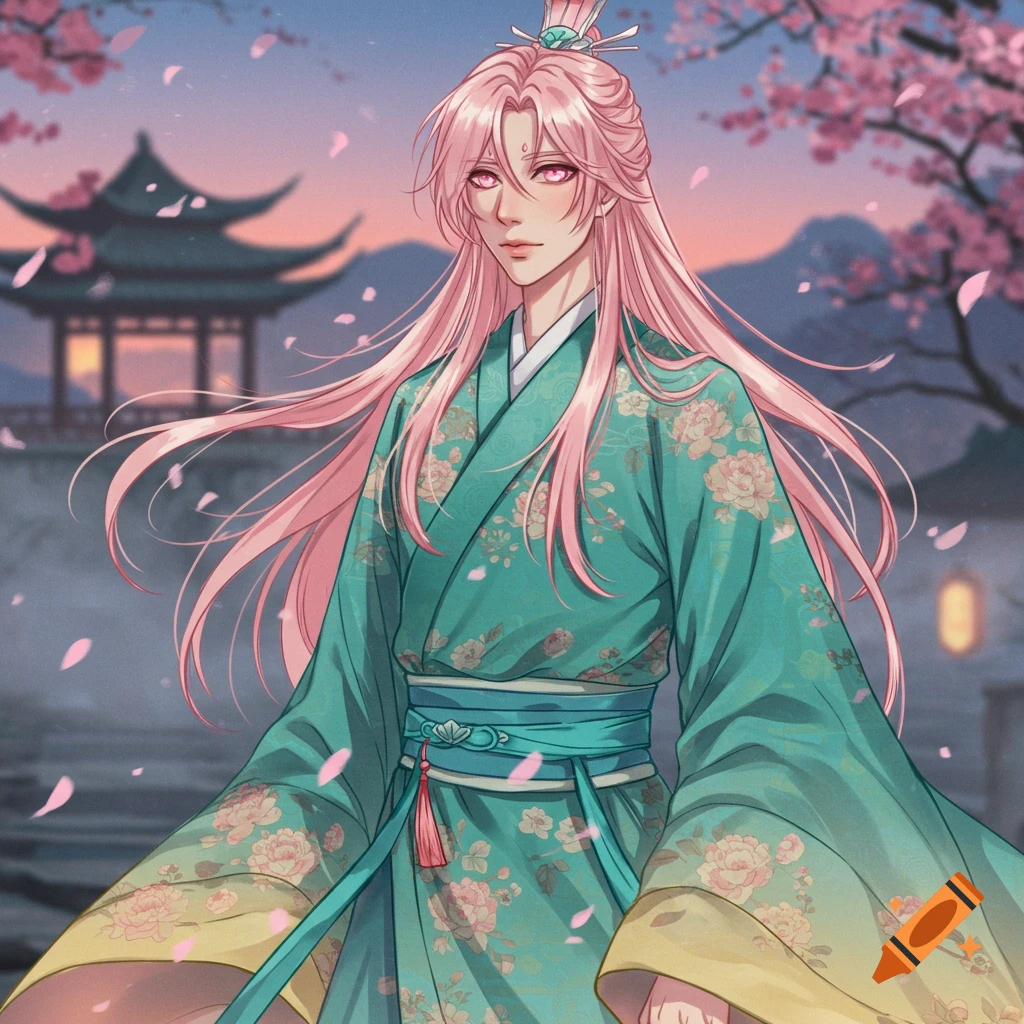 An anime boy with long pink hair and eyes in a teal Chinese floral robe with yellow trim, with cherry blossoms and a pagoda at dusk.