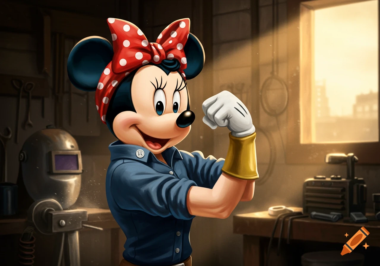Minnie Mouse as Rosie the Riveter, wearing a blue work shirt and red polka dot bandana, flexing her arm in a workshop.