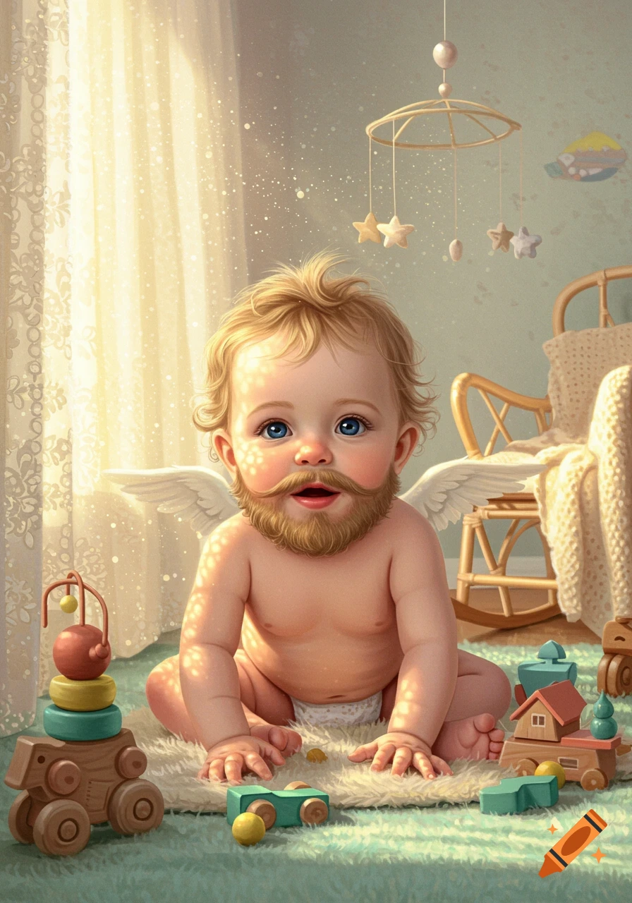 Digital illustration of a blonde baby with a beard, mustache, and small wings, sitting on a fluffy rug in a sunny nursery with wooden toys.