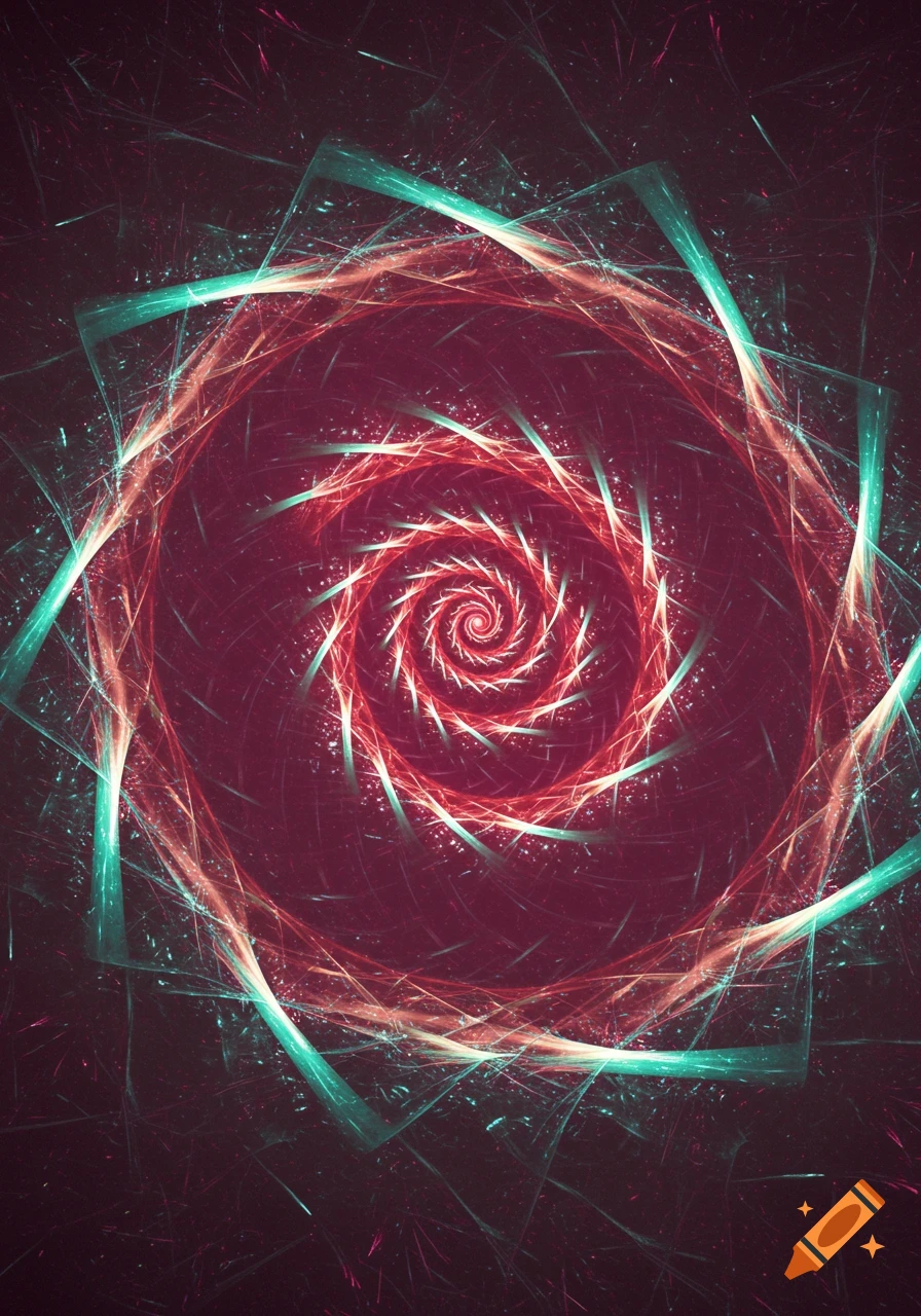 An abstract glowing spiral with red and teal lines on a dark background.