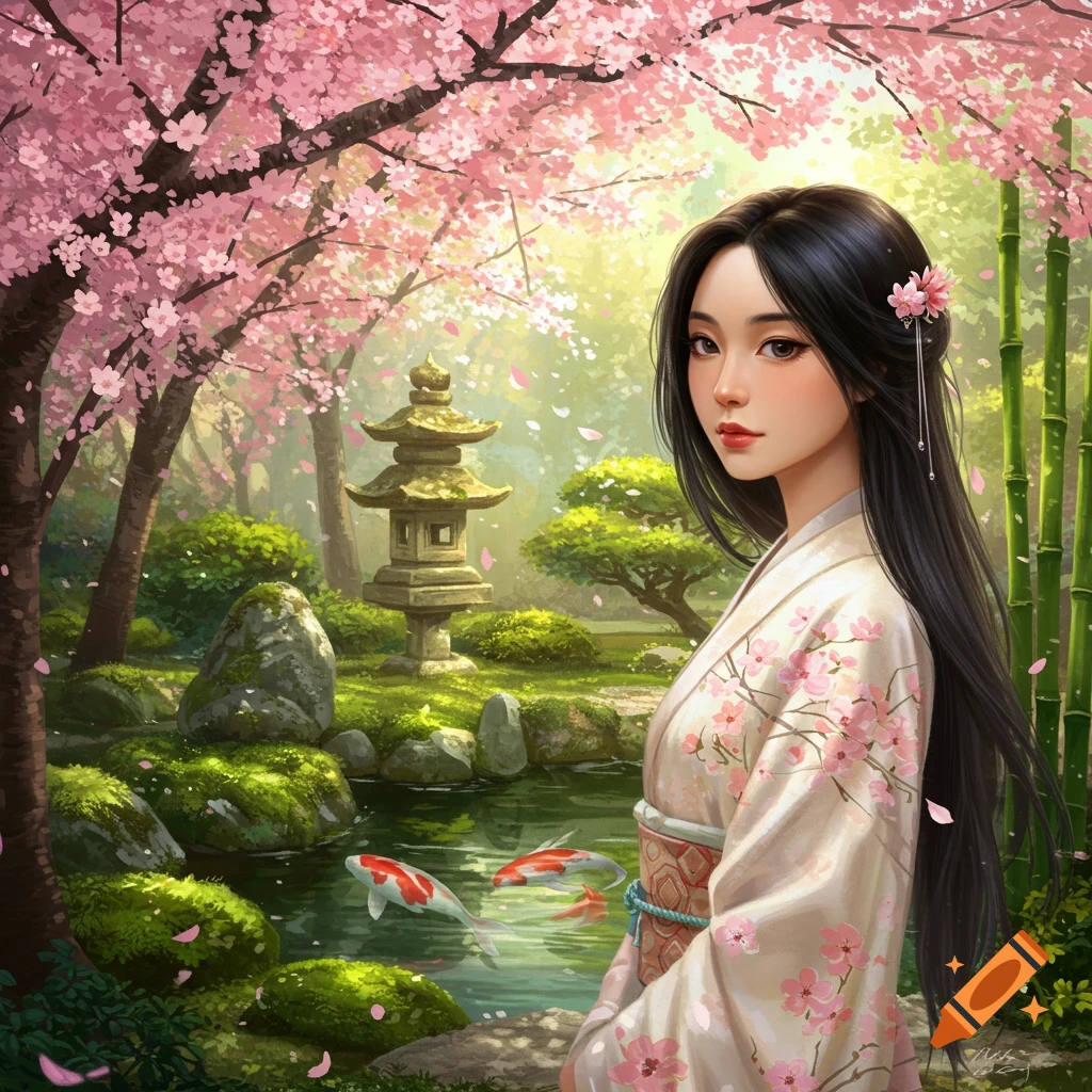 A beautiful Asian woman in a floral kimono stands in a vibrant Japanese garden with cherry blossoms, a pond, and koi fish.