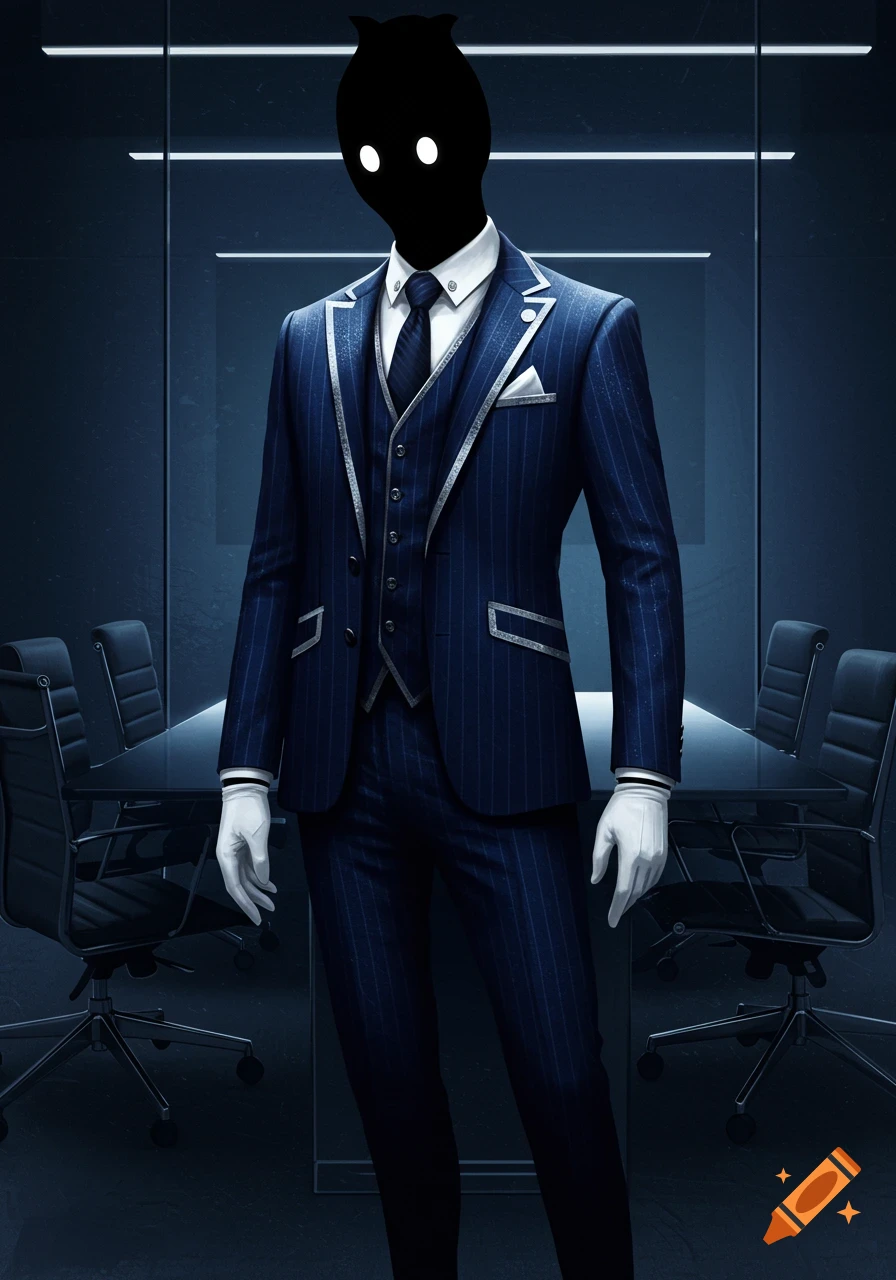 A black shadow creature with glowing white eyes wears a dark blue pinstripe three-piece suit with silver accents and white gloves, standing in a sleek, dimly lit modern meeting room.